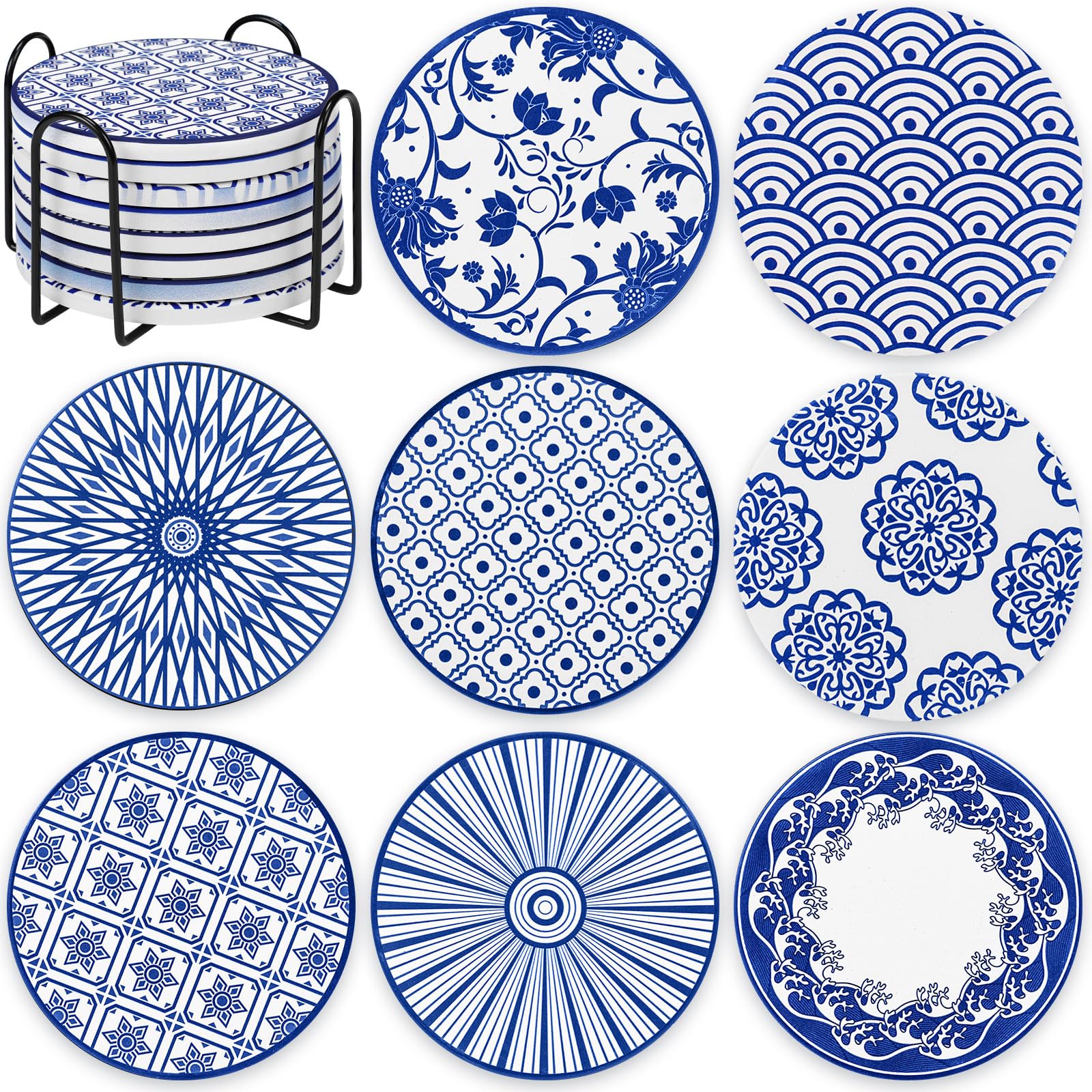 Patelai 8 Pcs Vintage Ceramic Coasters Set with Holder, Blue Round Absorbent Drink Coasters for Coffee Table Glasses Housewarming Home Decoration