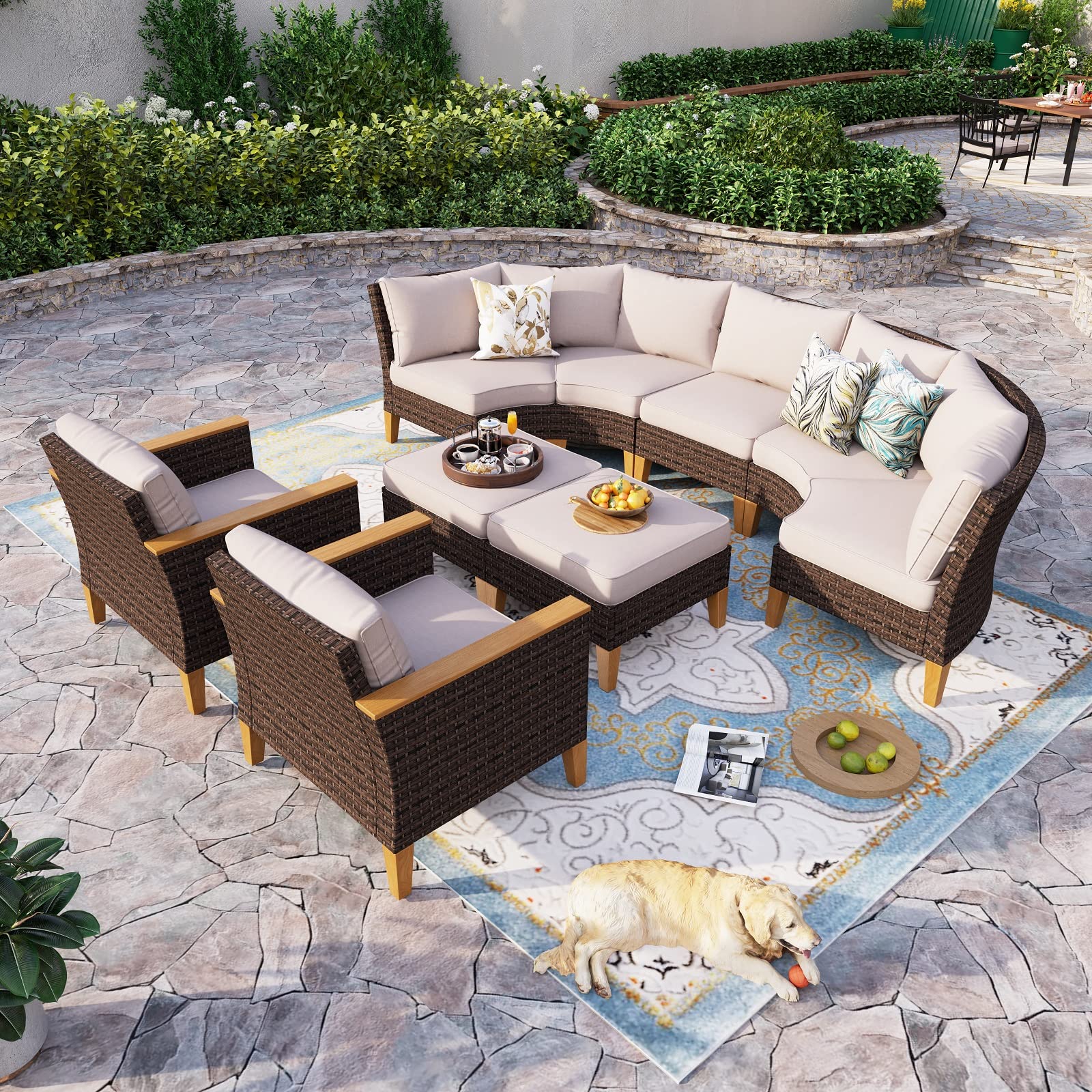 Sophia WilliamOutdoor Wicker Sectional Sofa Set, Half Moon Curved Patio  Furniture Set with Ottman, High Back Rattan Patio Conversation Set