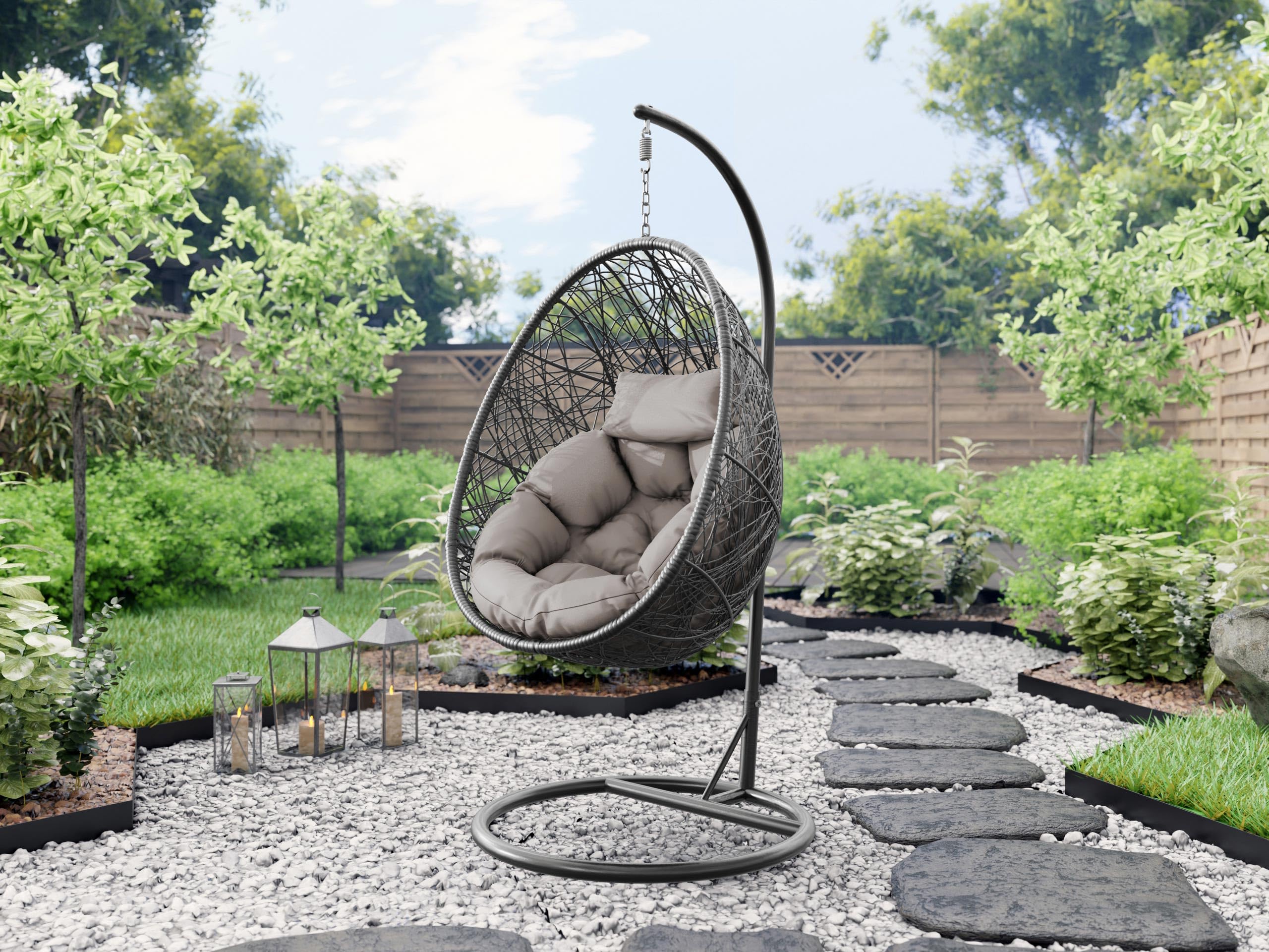 Mirjan24 Hängesessel mit Gestell und Kissen Bordia, Hängestuhl mit Rückenkissen, Hängesitz, Hängekorb, Stahlskelett, Indoor & Outdoor (grau/Kissen: grau)