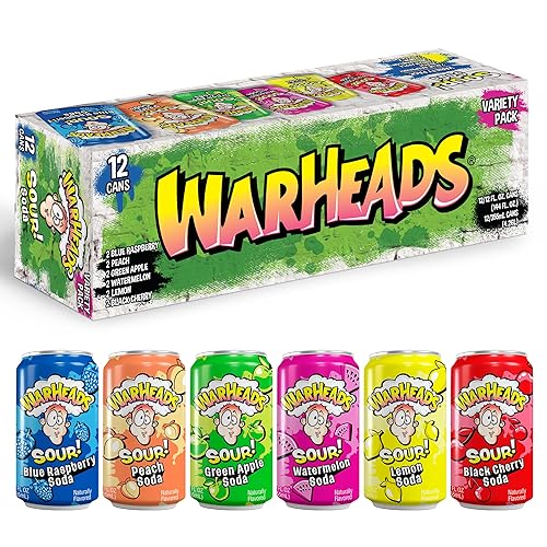 Sour Fruity Soda with Classic Warheads Flavors – Perfectly Balanced Sweet and Sour Soda - Warheads Candy Throwback Treat, Soda, Cocktail Mixer, Pack of 12, 12oz Cans (Variety Pack) - Variety Pack