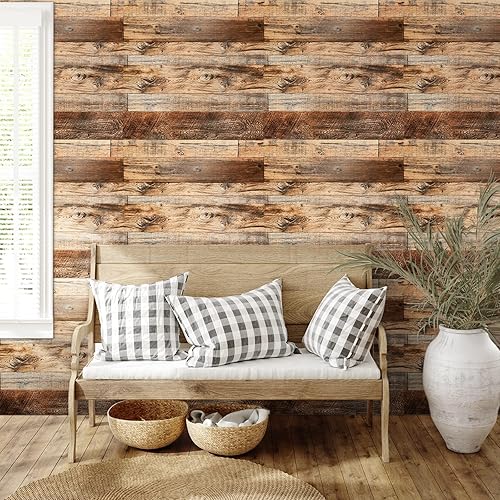 Miniatura 4 de TANONE Papel de contacto de madera para cocina, papel tapiz autoadhesivo extraíble, impermeable, papel de pared Shiplap de vinilo para armarios,
