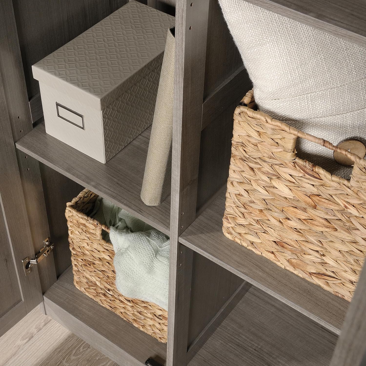 Close-up of the interior shelves of the Sauder Select Storage Cabinet, showing items stored.