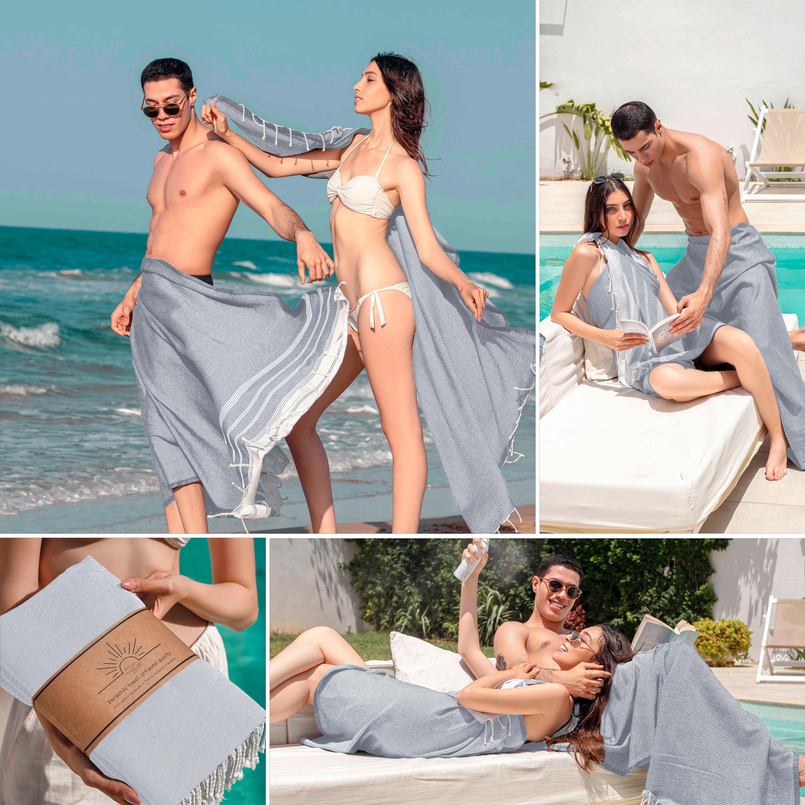 NOUR Hamamtuch Strandtuch | 2er Pack | groß 100x200 cm | aus 100% Baumwolle | Picknickdecke | Saunatuch | Extra leicht | saugstark | schnelltrocknend | Sandfrei (grau)