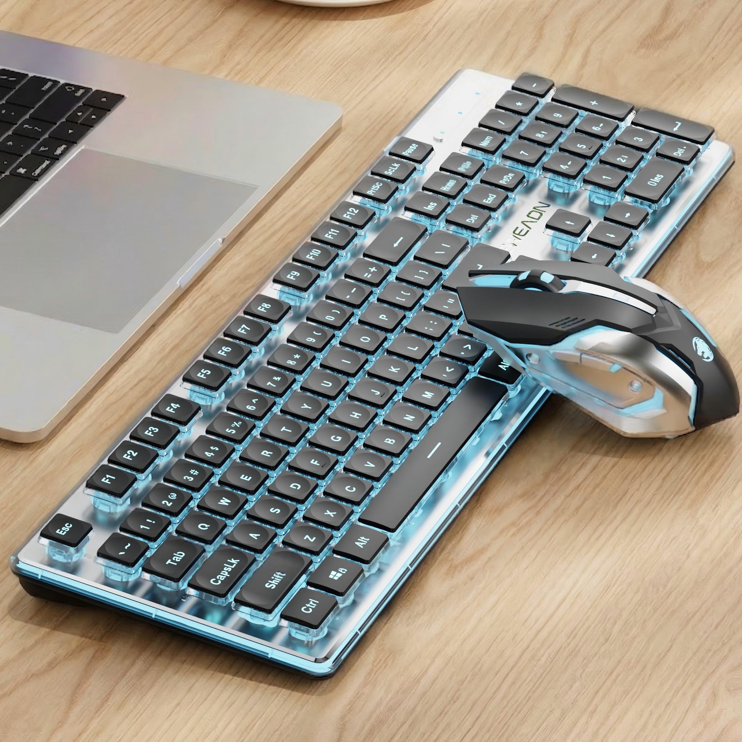 Photo 1 of SEUNKWANG EWEADN V3 Wireless Keyboard and Mouse with Blue Backlit, Metal Panel, Bluetooth/2.4G Rechargeable Computer Keyboard and Mouse Combo Silent Lighted Full Size Cordless Keyboards-Black