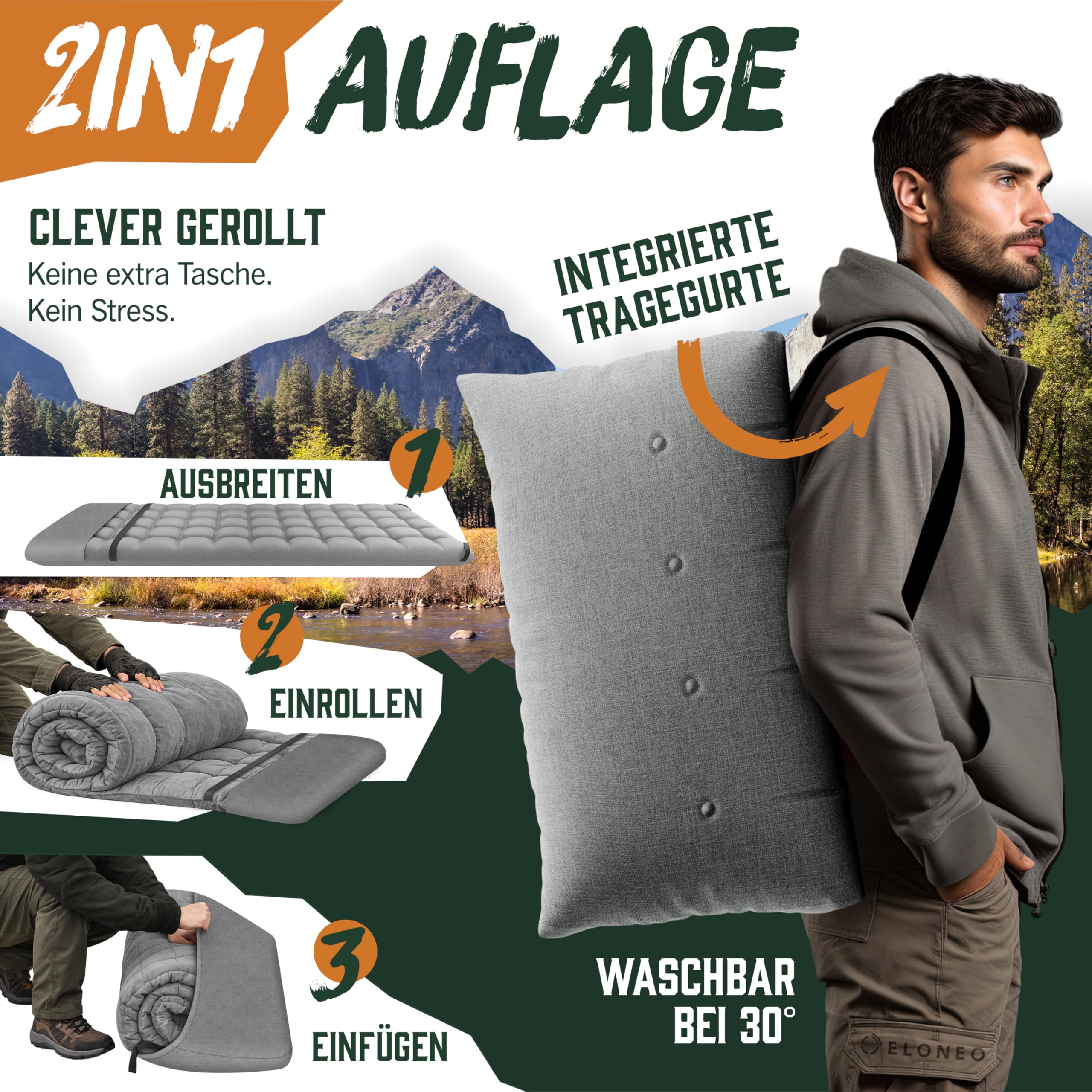 ELONEO NEU Feldbett klappbar mit Premium Auflage | Campingbett bis 200kg belastbar | Campingliege mit Seiten- & Tragetasche | Gästebett klappbar | Klappliege Indoor und Outdoor | Reisebett Erwachsene