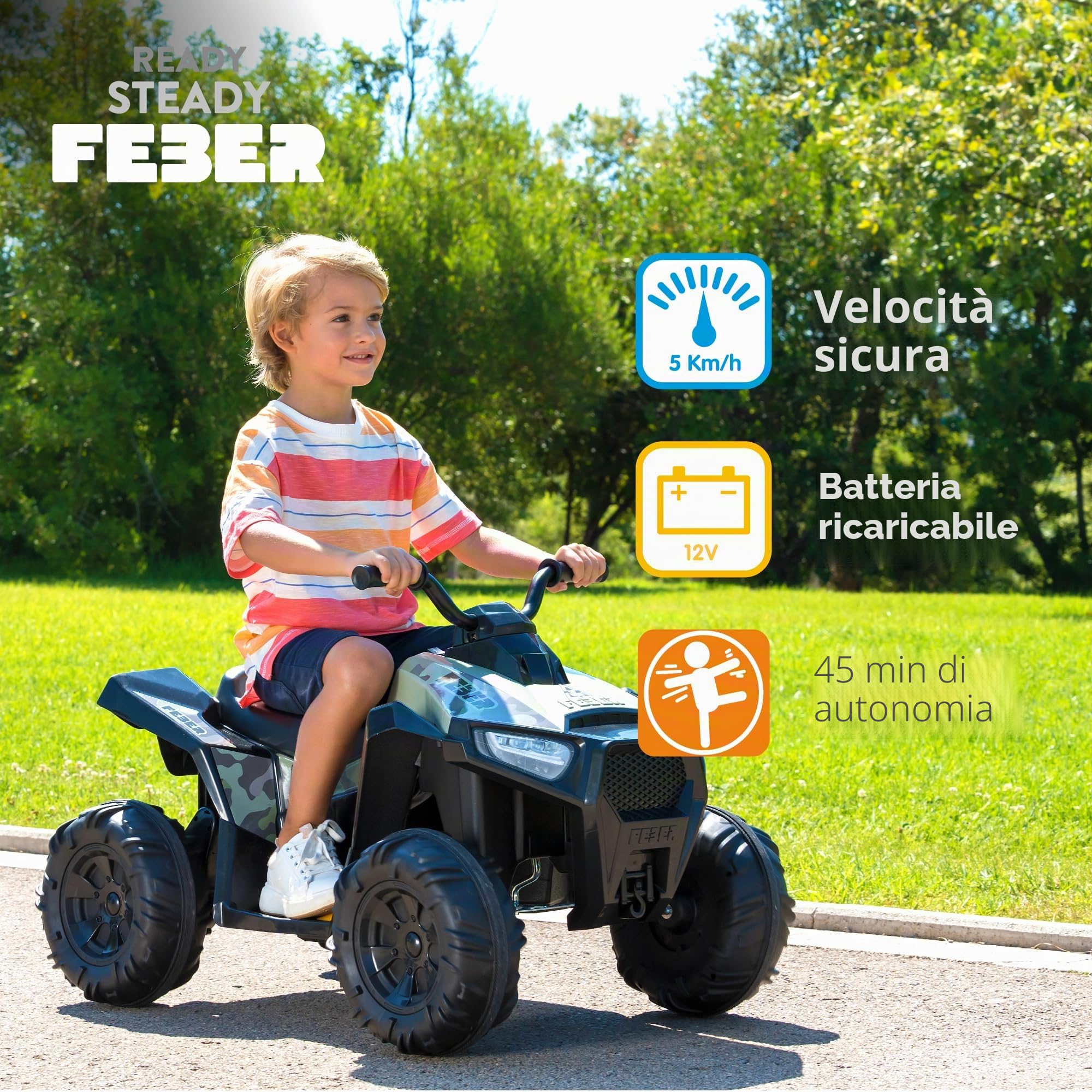 FEBER - Quad Boxer da 12 V, veicolo elettrico a batteria da 12 V, con marce avanti, posteriori e freni, fino a 5 km/h, caricatore incluso, 45 min di gioco, +3 a 5 anni, famoso (FEN45000)