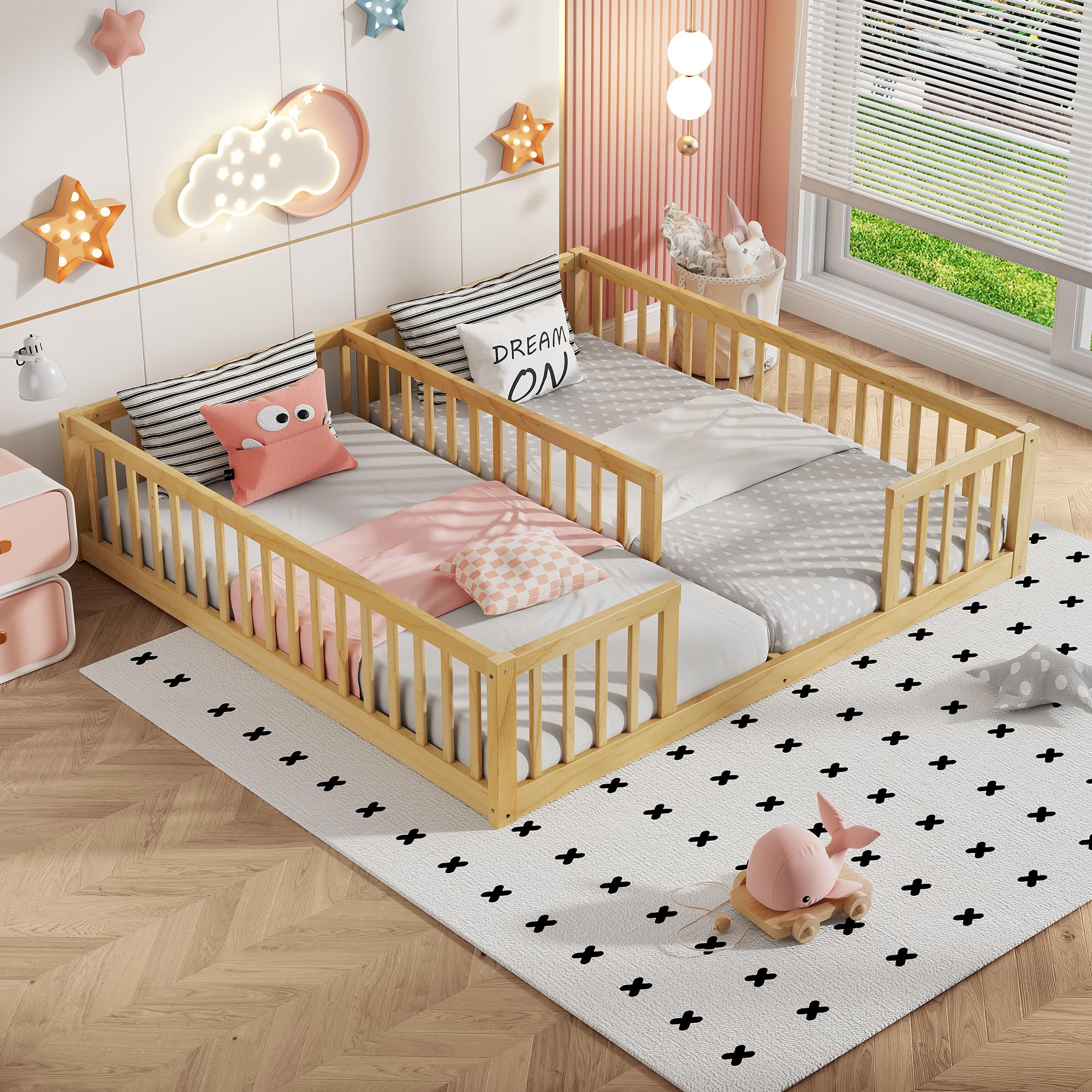Twin Size Double Frame Floor Bed with Fence for Girls & Boys,Montessori Floor Bed w/Safety Guardrails for Girls,Boys,No Box Spring Needed, Natural
