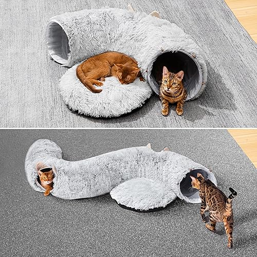 Miniatura 3 de Túnel para gatos con cama para gatos de interior, debajo del árbol de Navidad, suave felpa Peekaboo Cat Cueva Donut túnel, juguetes multifuncionales