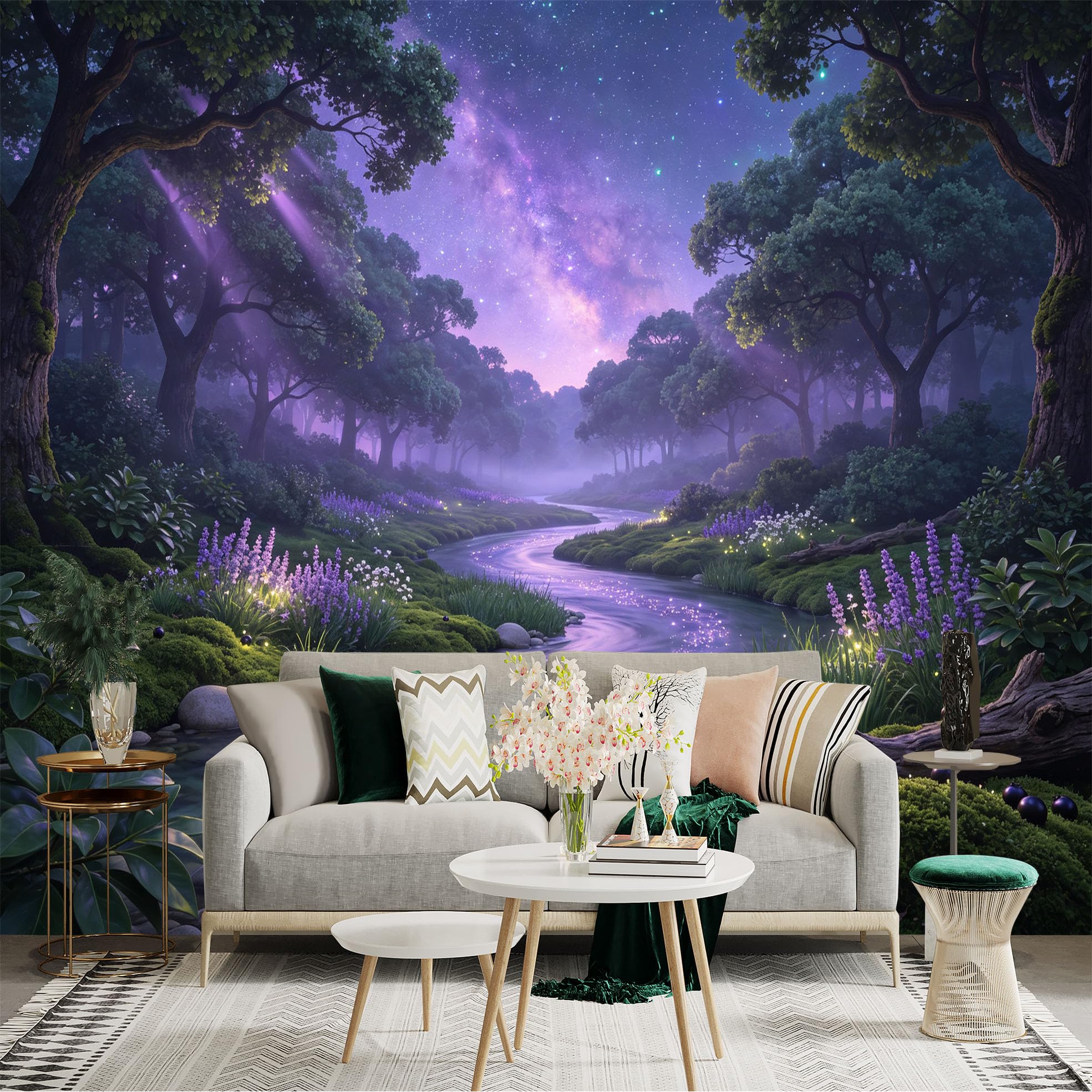 Lnzczhyre Bh260719395 Custom Size Wall Sticker Mural， Enchanted Forest Stream， Glowing Fireflies， Purple Galaxy Night Sky， Serene Nature Landscape， For Wall Decoration， Peelandstick Wall Decals.