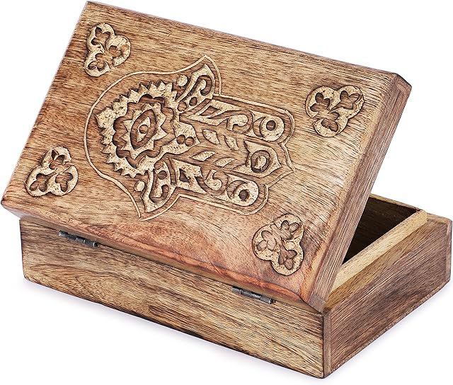 AJUNY Wooden Hand Carved Decorative Box with Hamsa Carvings - Multipurpose Use as Jewelry Storage, Trinket Holder or Watch Box, great for gifts
