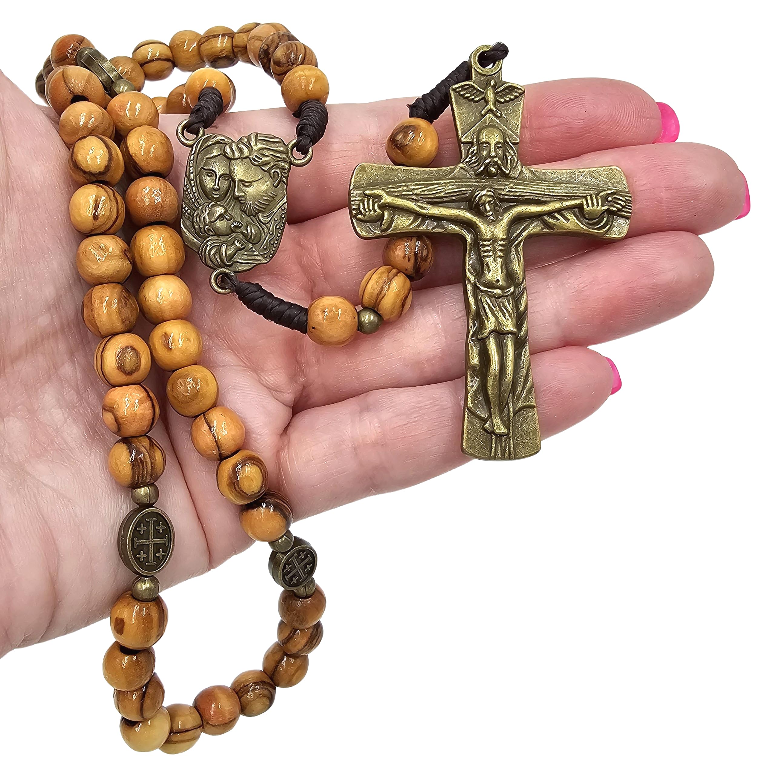 TALISMAN4U Olive Wood Prayer Beads Catholic Rosary Bronze Crucifix | Holy Family Medal Handmade Gift for Men & Women Rosary Pouch & Prayer Card Included product thumbnail 6