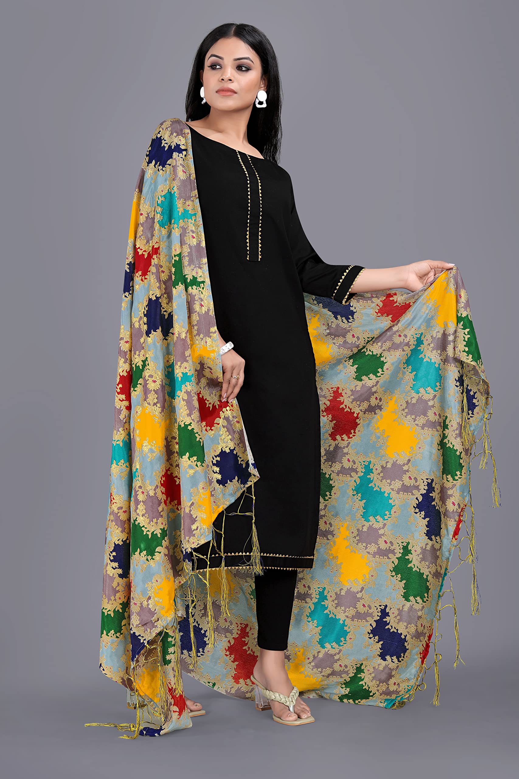 KEMZA Women's Printed Silk Dupatta (Multi Colour) with Tassels Border and Phulkari Print Banarasi Dupatta 3