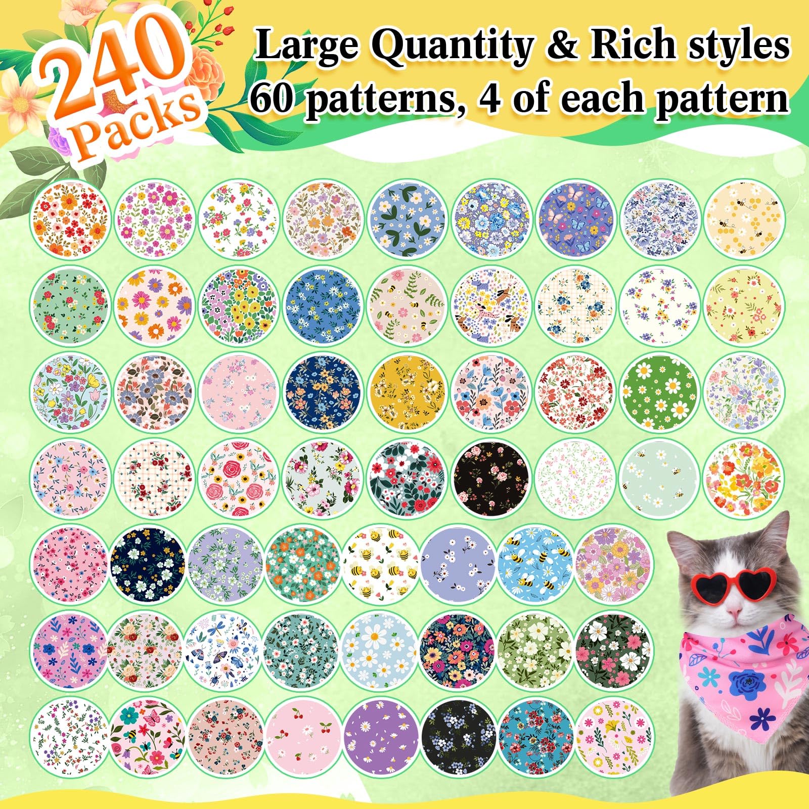 Geyoga Lot de 240 bandanas pour chien - Pour l'été et le printemps - Bavoirs triangulaires réglables pour chiens de petite, moyenne et grande taille - Accessoires de costume (floral)