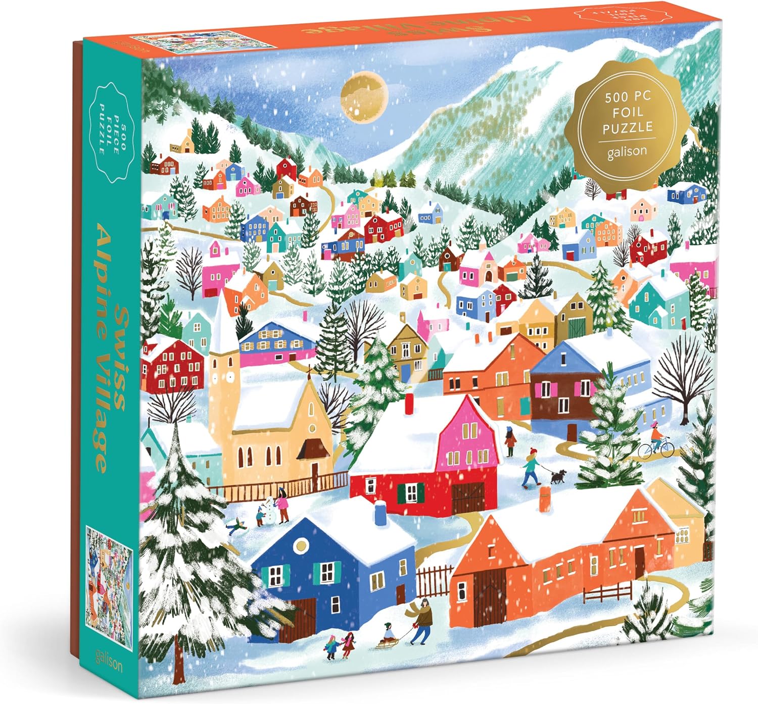 Galison Swiss Alpine Village Puzzle – 500 Piece Foil Puzzle Featuring Snowy Mountain Village Artwork