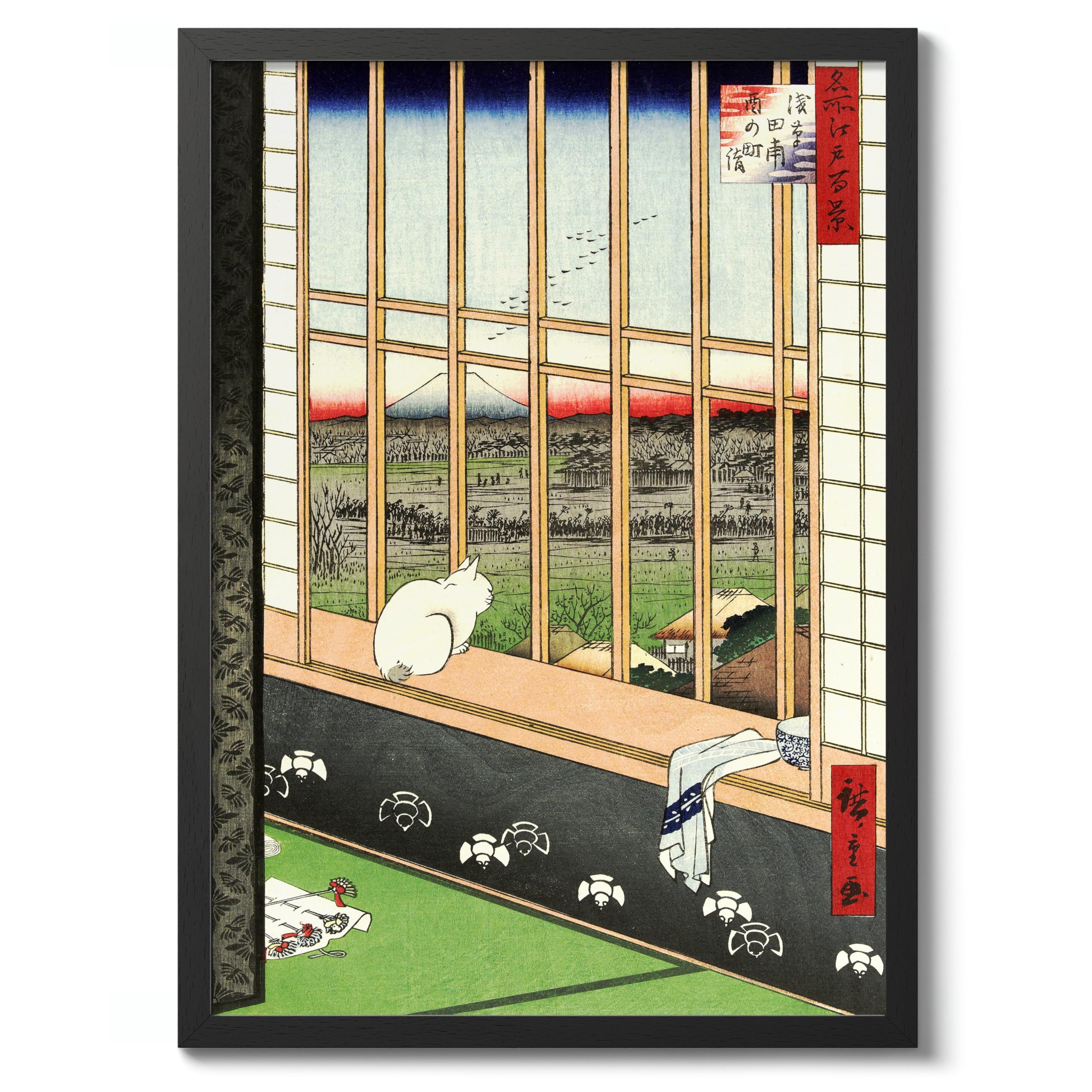 Cat In A Window Japanese Woodblock Print, Vintage Aesthetic Poster Japan Wall Art Exhibition Ukiyo-E Home Decor, Archival Matte, A4 (Black Frame) - 29.7x21cm โ image 1