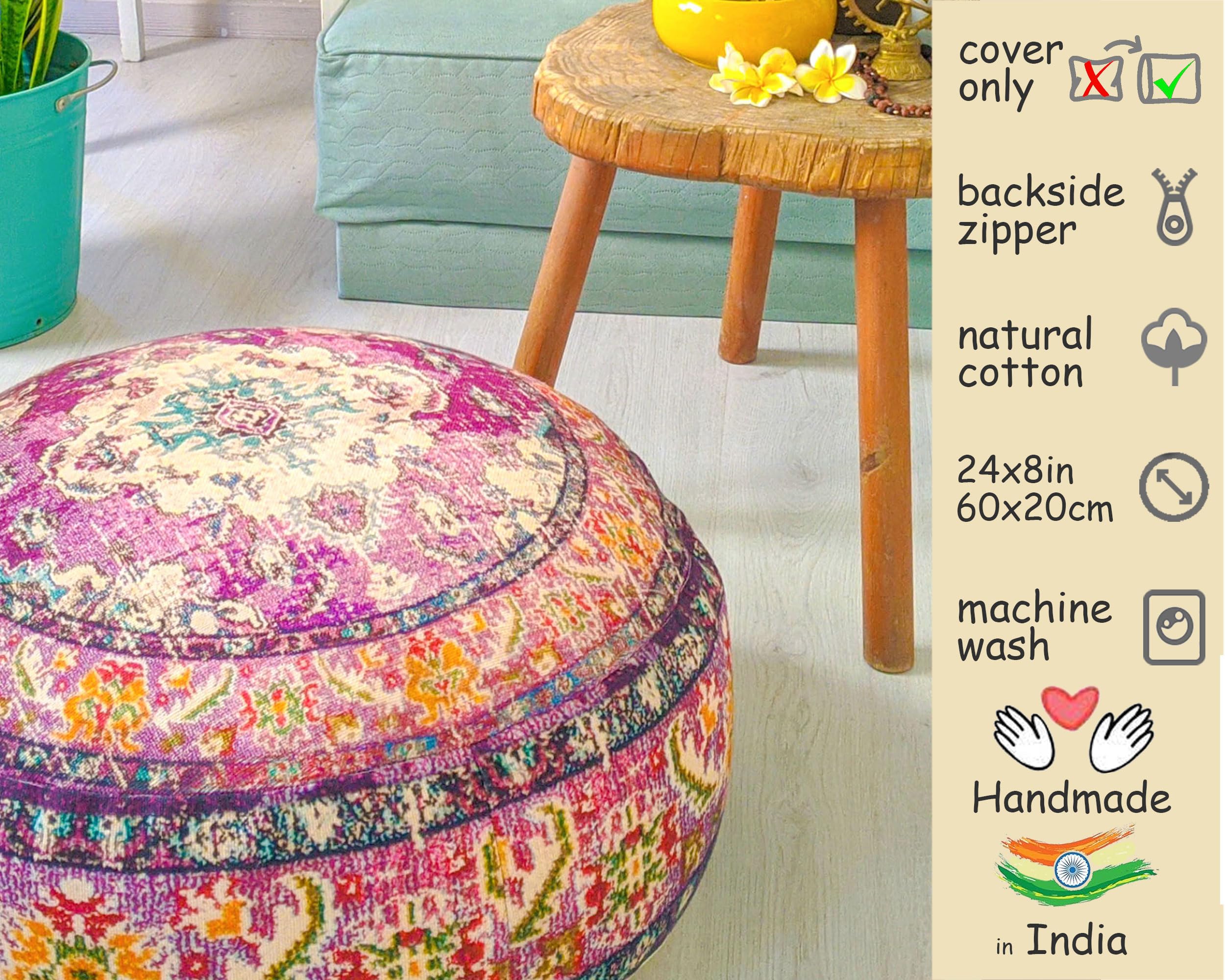 Mandala Life ART Fodera per cuscino da pavimento rotondo bohémien - 60x20 cm - 100% cotone - Custodia pouf per pouf per soggiorno, camera da letto, patio e altro