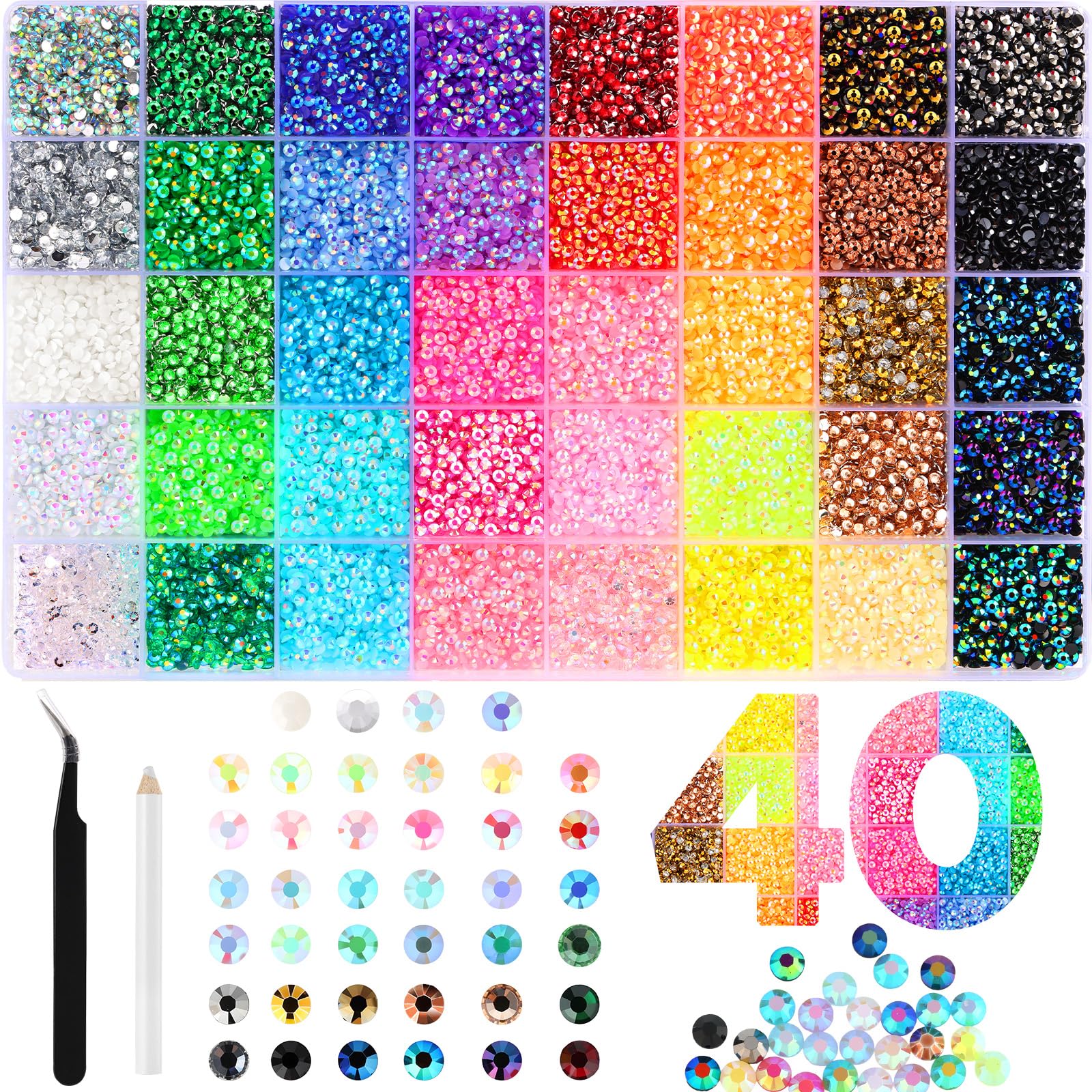 Zefy 40 colori 3 mm 32000 pezzi resina Jelly strass per Bedazzle | Bedazzling Kit con pinzette e penna per raccogliere vestiti, scarpe, libri per unghie, Diamond Art