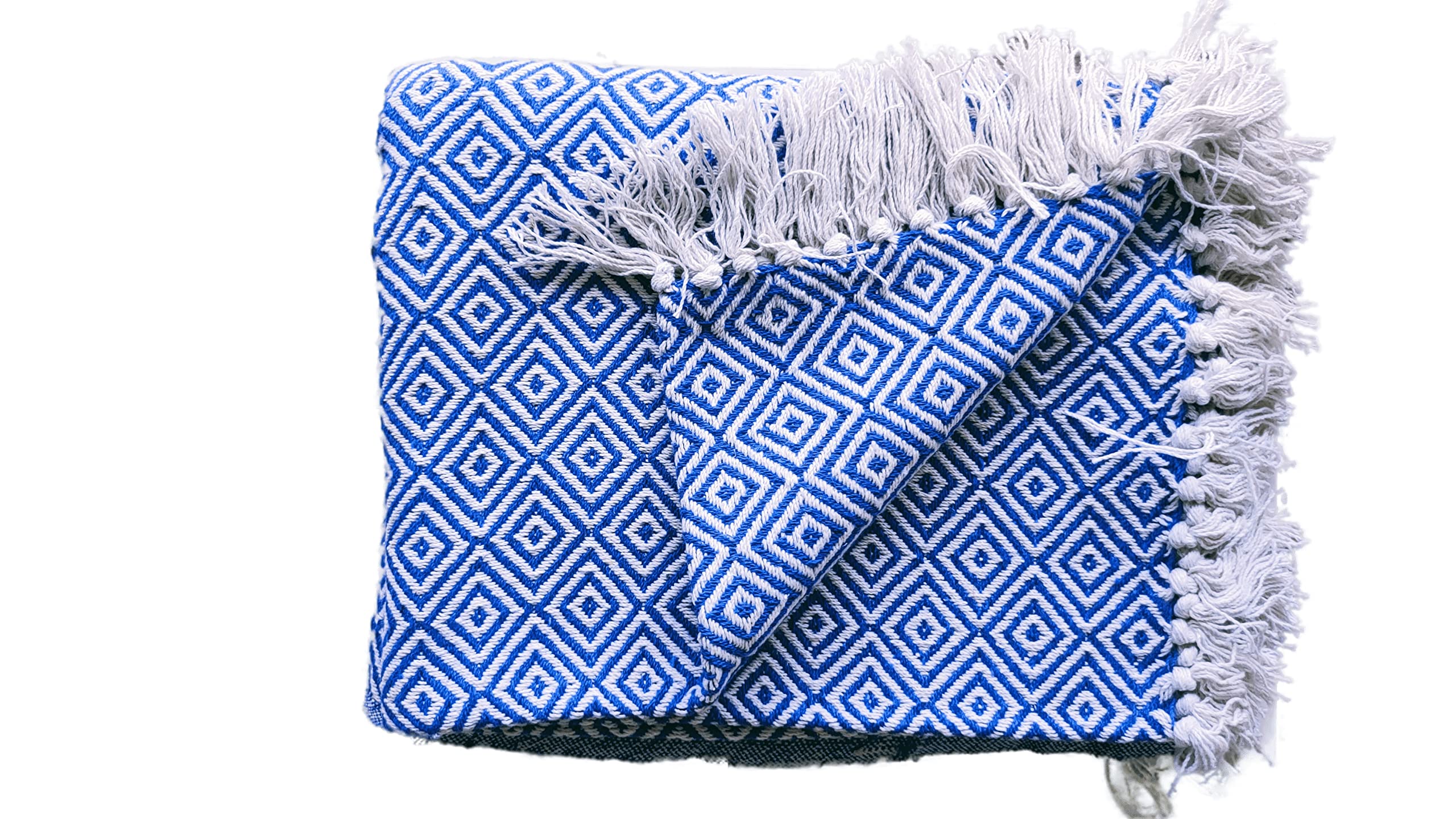 ALVThrow Blanket for Sofa and Multi-Purpose Cotton Diamond Argyle Pattern Bed Couch Cover AC Blanket with Tassels for Bedroom (Reversible, 50 x 60 inches) (Blue)