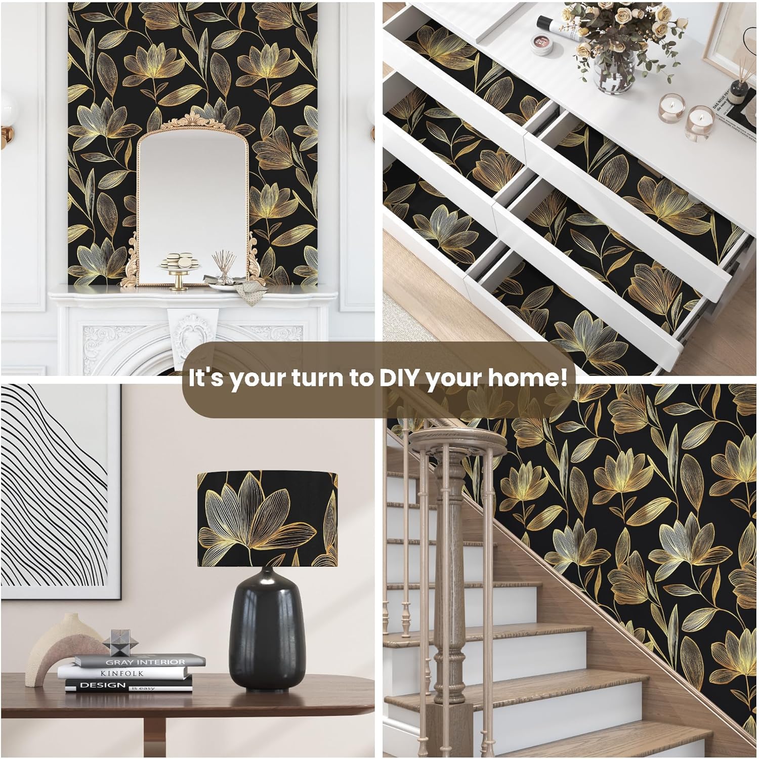 Peel and Stick Wallpaper Vintage Black and Gold Wall Paper Leaf Contact Paper Self Adhesive Removable for Bedroom Walls Shelf Backsplash 17.5In x 393.5In
