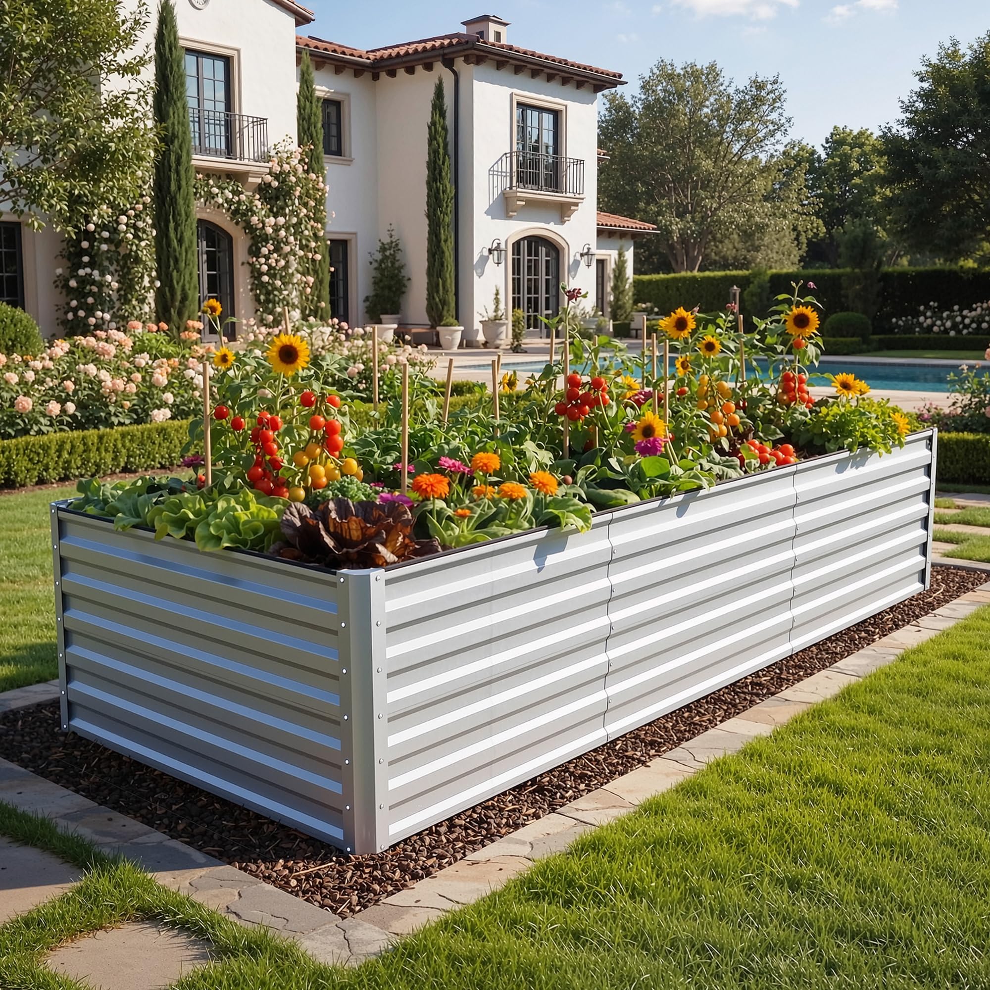 DWVO Raised Beds for Garden,1550L Raised bed Metal,0.35mm Galvanised Steel galvanised planter with Safety Edging&4pcs Support Rod for Garden Vegetables Fruit(1X Silver 240X120X54CM)