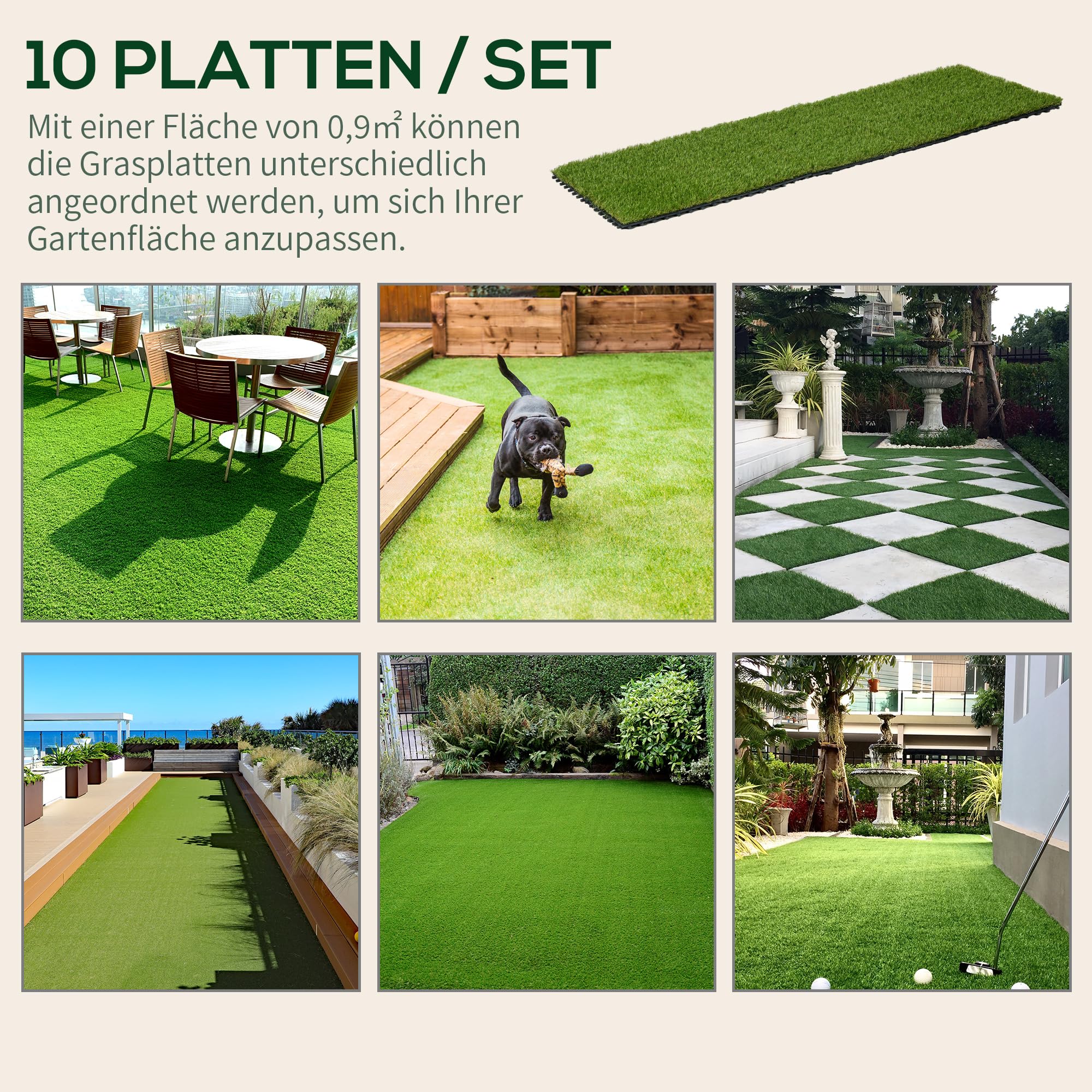 Outsunny Kunstrasen 10 Stücke wetterfest Rasenteppich 25mm Outdoor Kunstrasenteppich Balkonteppich für Garten Balkon Terrasse 30 x 30cm Dunkelgrün