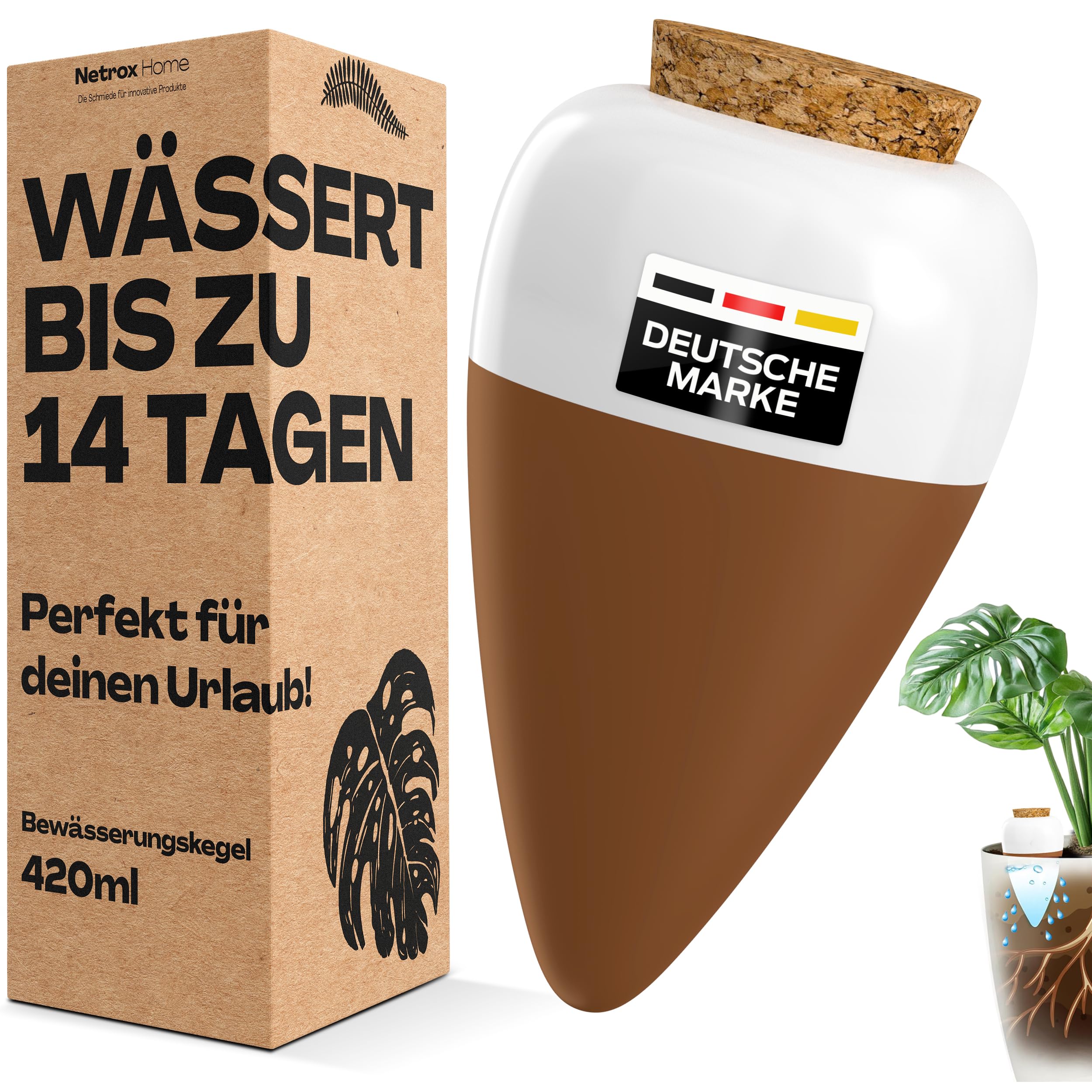 Netrox Bewässerungskegel aus Ton – ideal im Urlaub, bis 14 Tage – automatische Pflanzenbewässerung für Zimmerpflanzen, Garten & Balkon – Bewässerung, Bewässerungssystem, Wasserspender Pflanzen