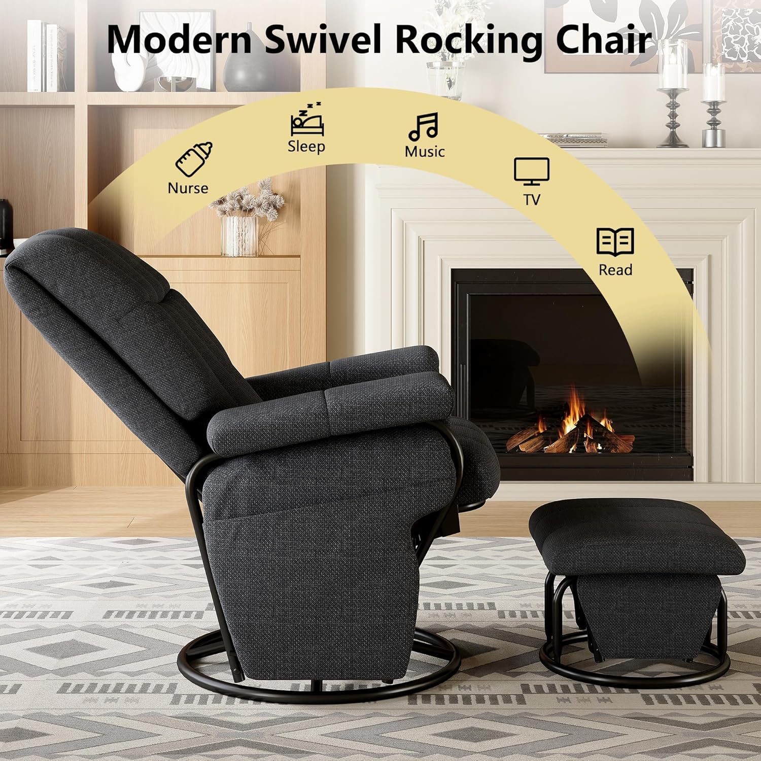 AODAILIHB 360° Swivel Glider Recliner with Ottoman, Nursing Glider Rocking Chair with Foot Rest & 2 Side Pockets for Nursery, Living Room, Bedroom, Office, Grey