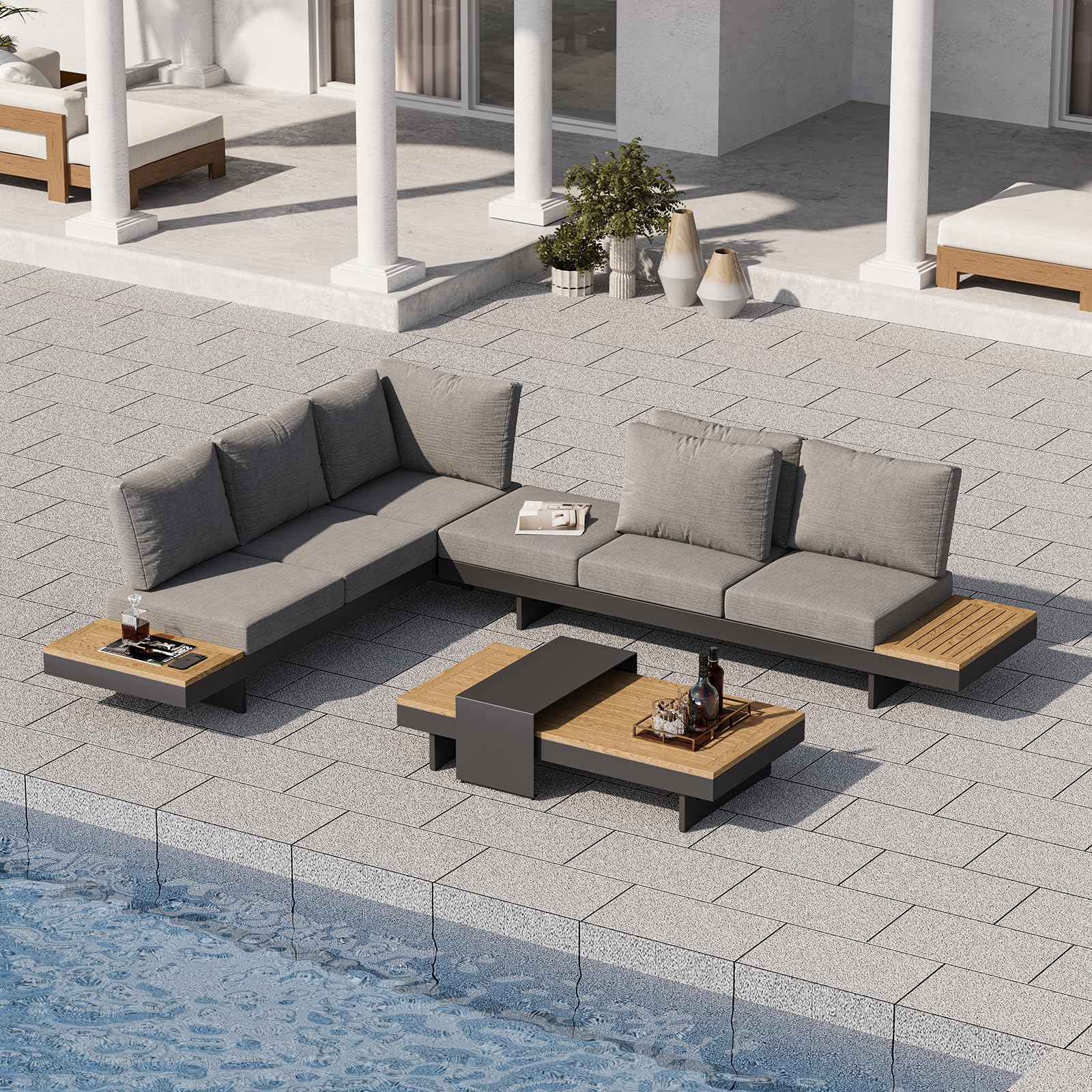 Homary 6-Sitzer Modulare Outdoor Lounge für Familie & Gäste, Garten Sofa Set für große Terrasse, Aluminium & Teak, 12 cm Komfort Polster, pflegeleicht