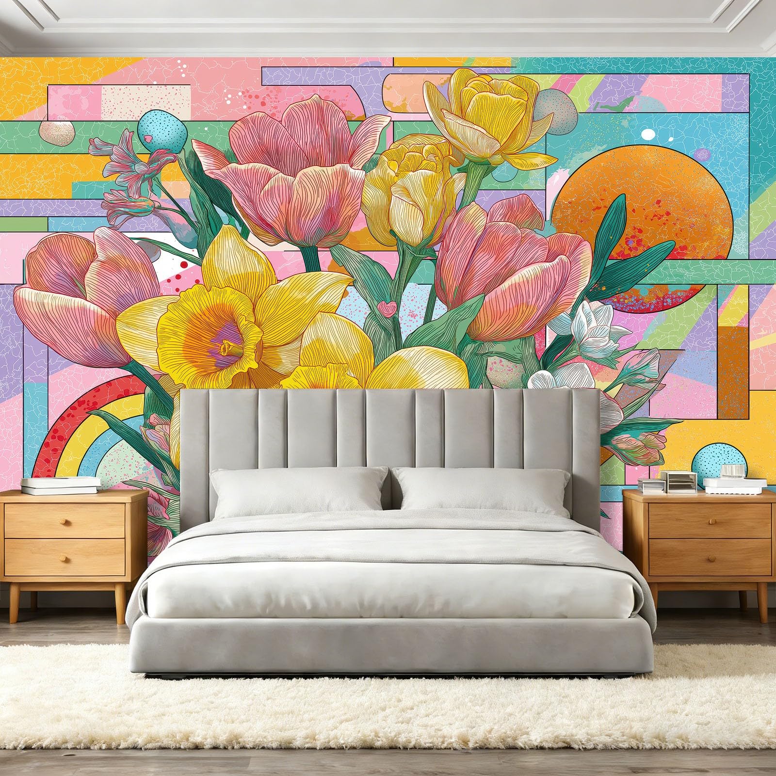 Tapeta Rośliny Kwiaty Geometria Kolorowe Bloki Malowidła Ścienne Fototapety, Kolorowy Wystrój Ścienny Mural do Salonu Sypialni Pokój Dziecięcy Dekoracja Wnętrz 250 x 175 cm
