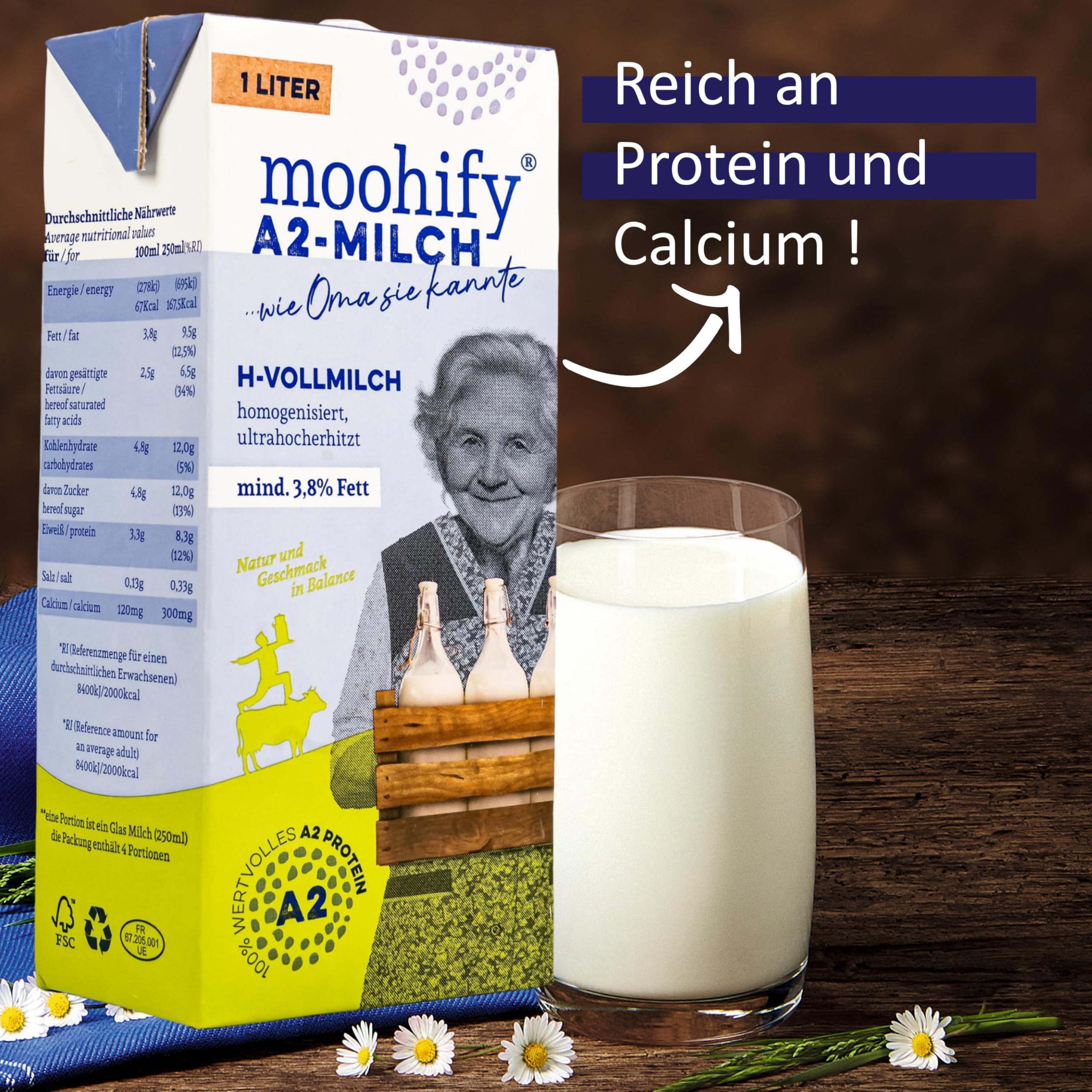 A2 Wohlfühl-Milch H-Vollmilch 3,8% 1 Liter 12er Pack - Haltbare Proteinmilch Kuhmilch mit A2 Protein
