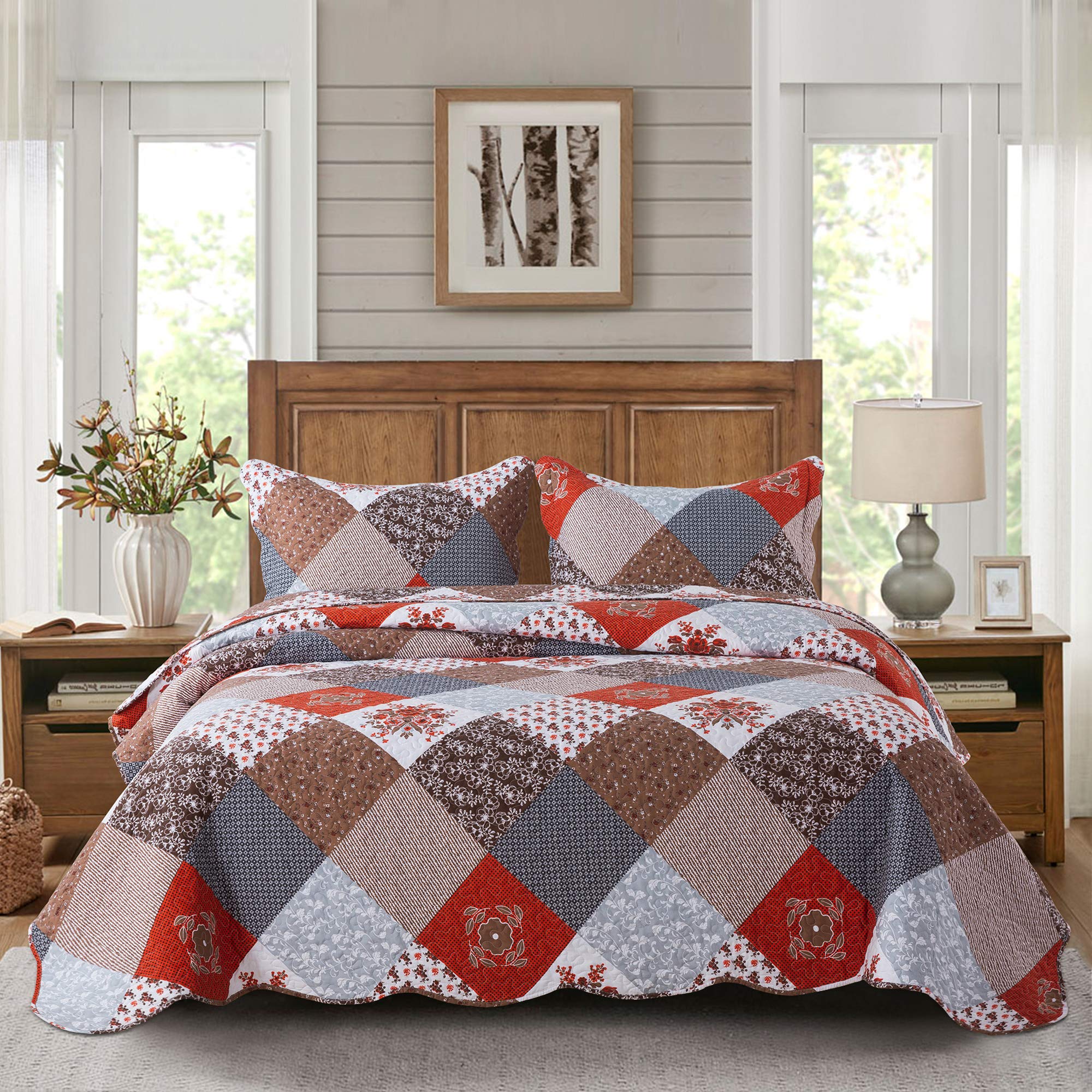 Travan Floral Patchwork Bedspread Quilt Sets 3-Piece Lightweight Coverlet Set with Shams Reversible Quilted Bedding Set, King