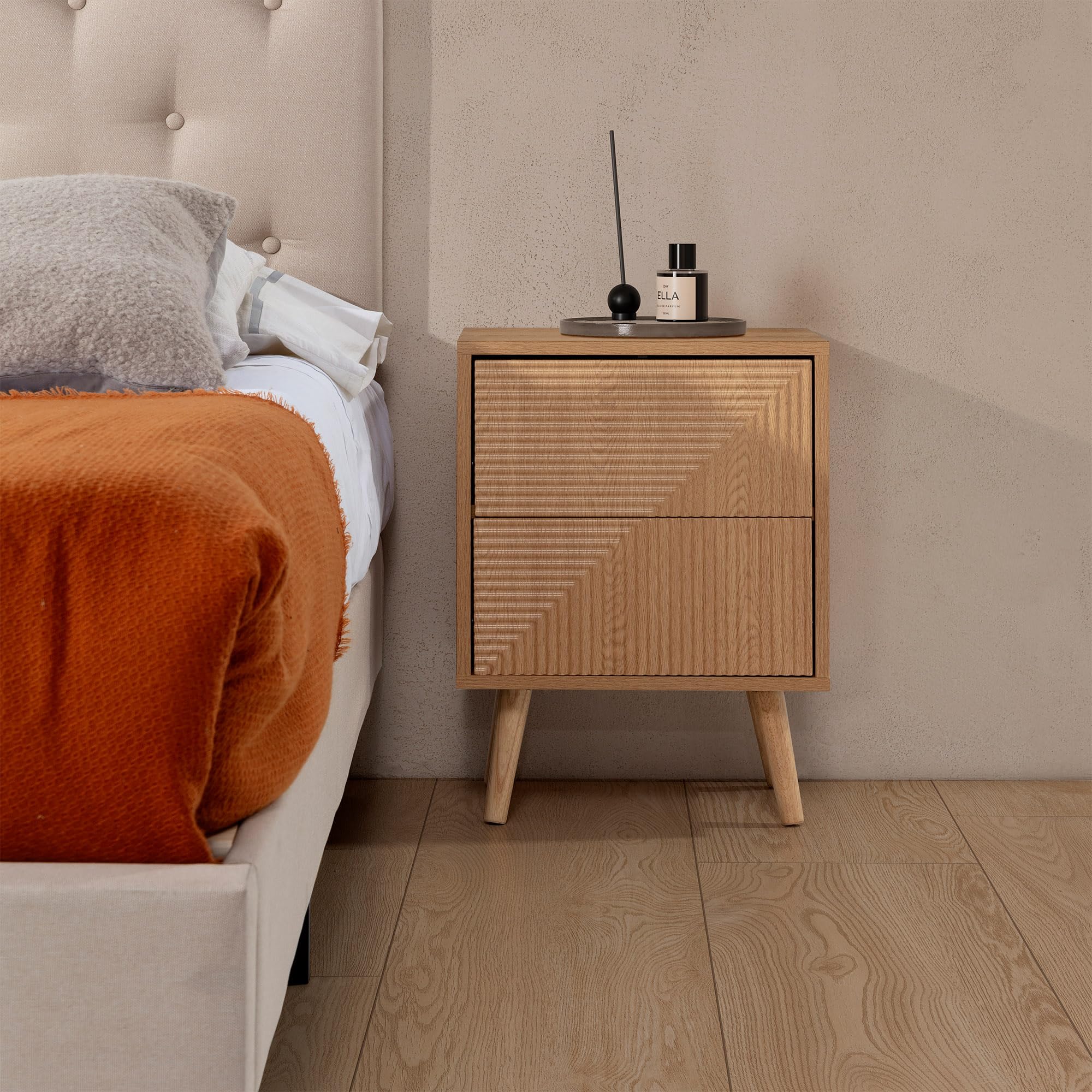HOMN LIVING Mesita de Noche Telmo 2 cajones Color Roble, 40 cm (Ancho) 30 cm (Profundo) 55 cm (Altura)