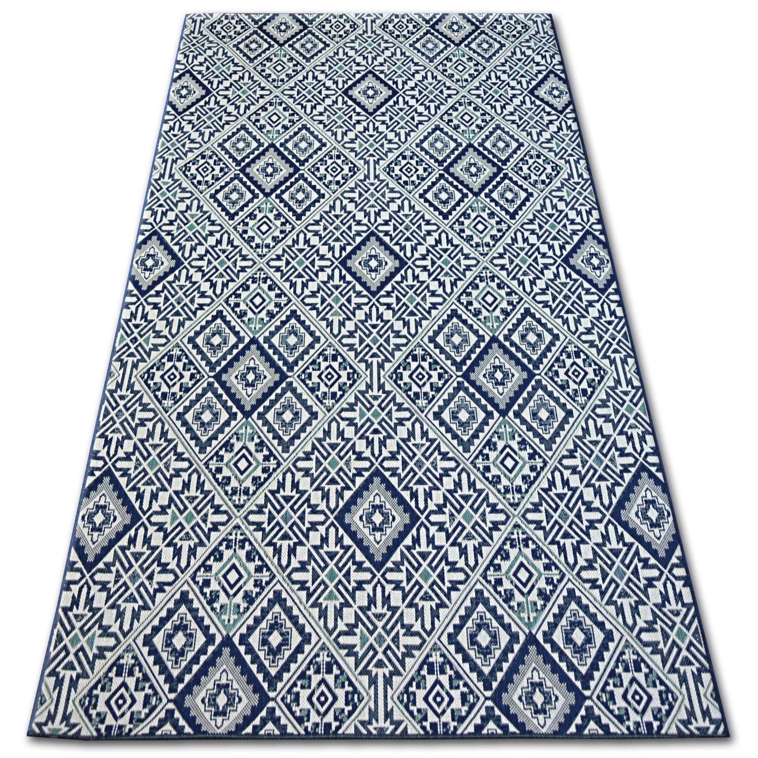 rugsx Tapis Color SISAL Intérieur & Extérieur Tissage À Plat Haute qualité pour Chambre, Terrasse, Balcon, Carrés Losanges Carreaux Bleu 200x290 cm