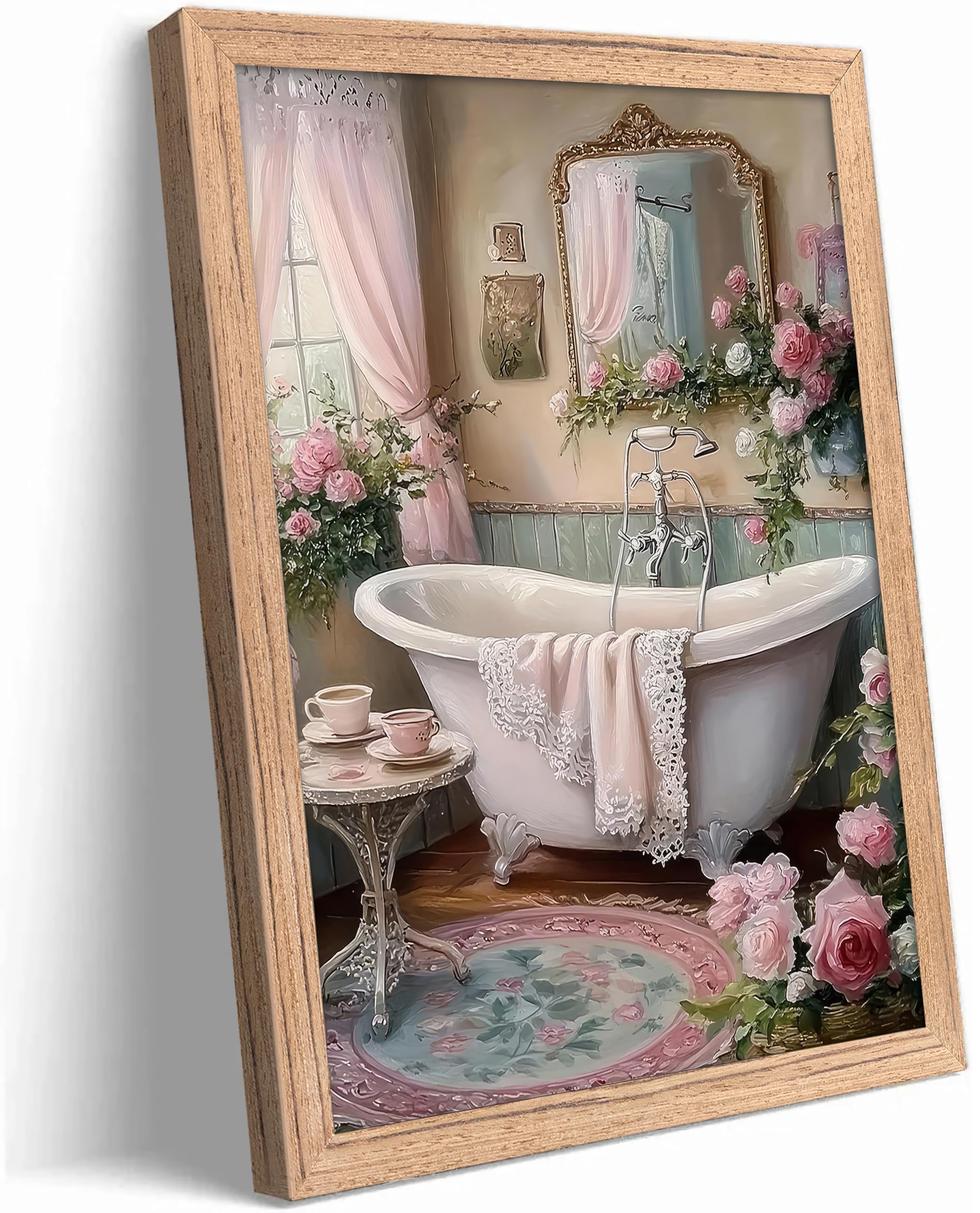 Pink Flowers Theme Bathroom Canvas Wall Art Vintage Bathtub Painting Picture Wall Decor Floral Botanical Poster Print Artwork for Toilet bedroom Restroom Home Decoration