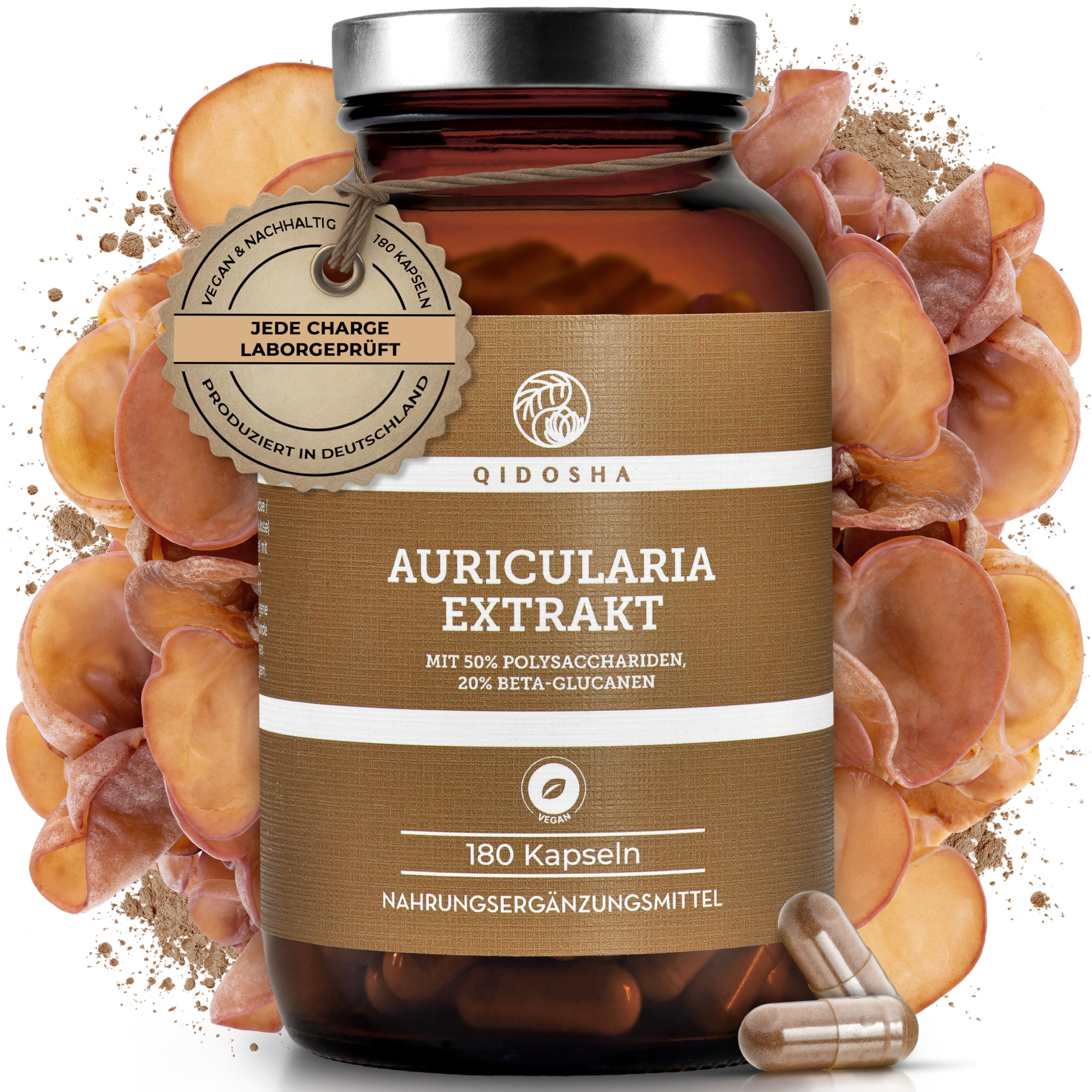 QIDOSHA® Auricularia 40:1 Extrakt Kapseln, 180 Stk im Apothekerglas, hochreiner Auricularia Extrakt mit 500mg je Kapsel, davon 50% Pilz-Polysaccharide, 20% Beta-Glucane, Judasohr Kapseln