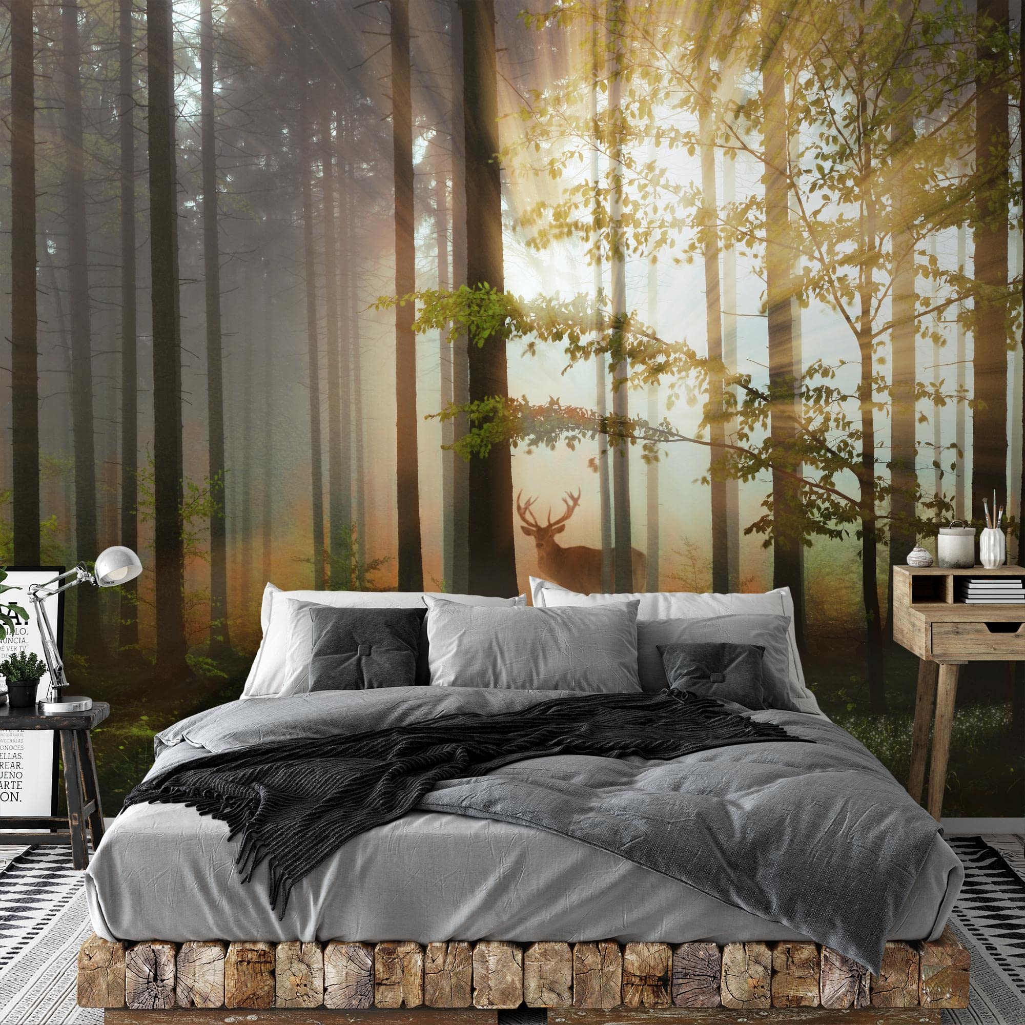Runa Art Fototapete Wald Hirsch 352 x 250 cm Vlies Tapeten XXL Moderne Wandtapete Wohnzimmer Schlafzimmer Grün Gelb 9387011b