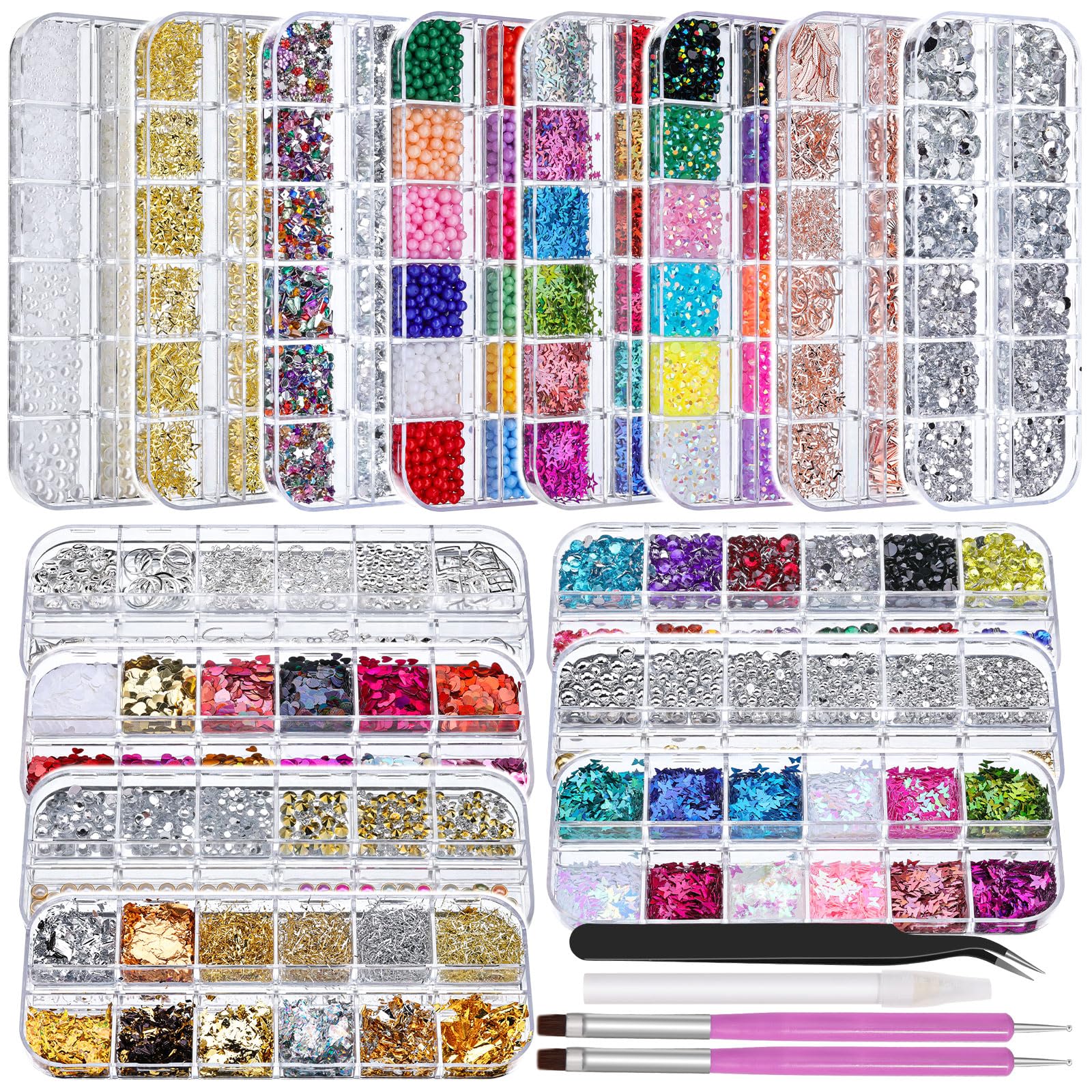 15 Boxes Nail Rhinestones Gems Kit Gold Silver Metal Studs Mixed Sizes Flatback Crystals Rhinestones Half Pearls Sequins