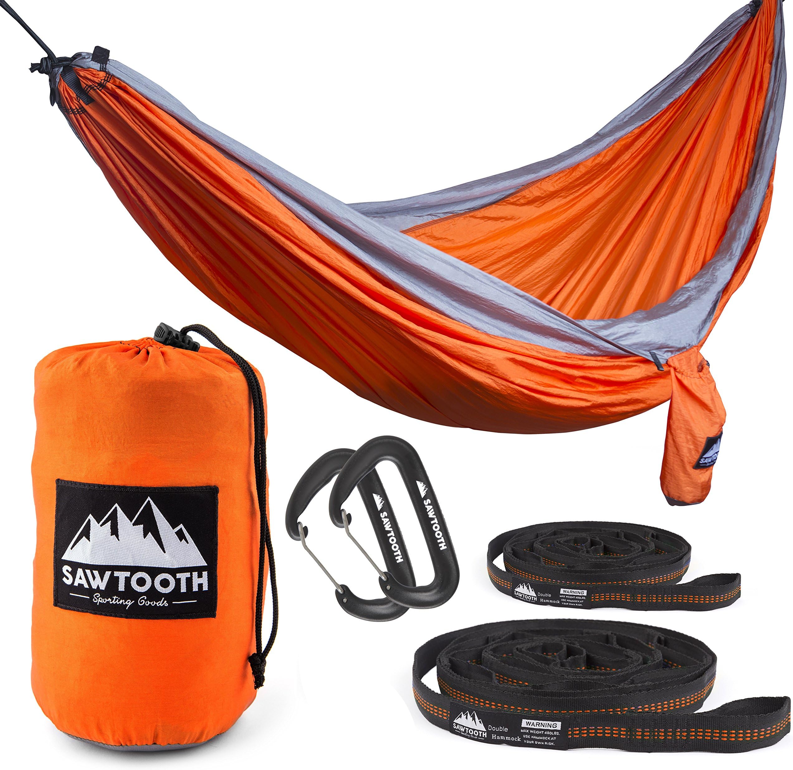Sawtooth Double Camping Hammock with Tree Straps and Aluminum Carabiners - Complete KIT - Lightweight Portable Parachute Nylon for Backpacking Hiking Travel Beach Park Yard. (Orange)