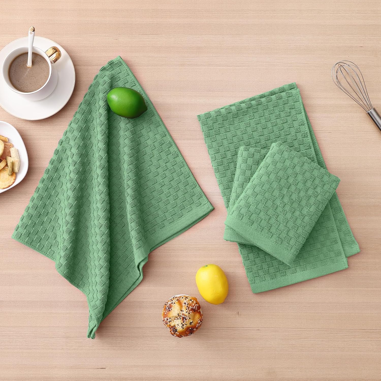 Homaxy 100% Cotton Kitchen Towels and Dishcloths Set, 12 x 12 & 15 x 25 Inches, Set of 12 Bulk Terry Cloth Dish Towels, Super Soft and Absorbent Hand Towel with Hanging Loop, Grass Green