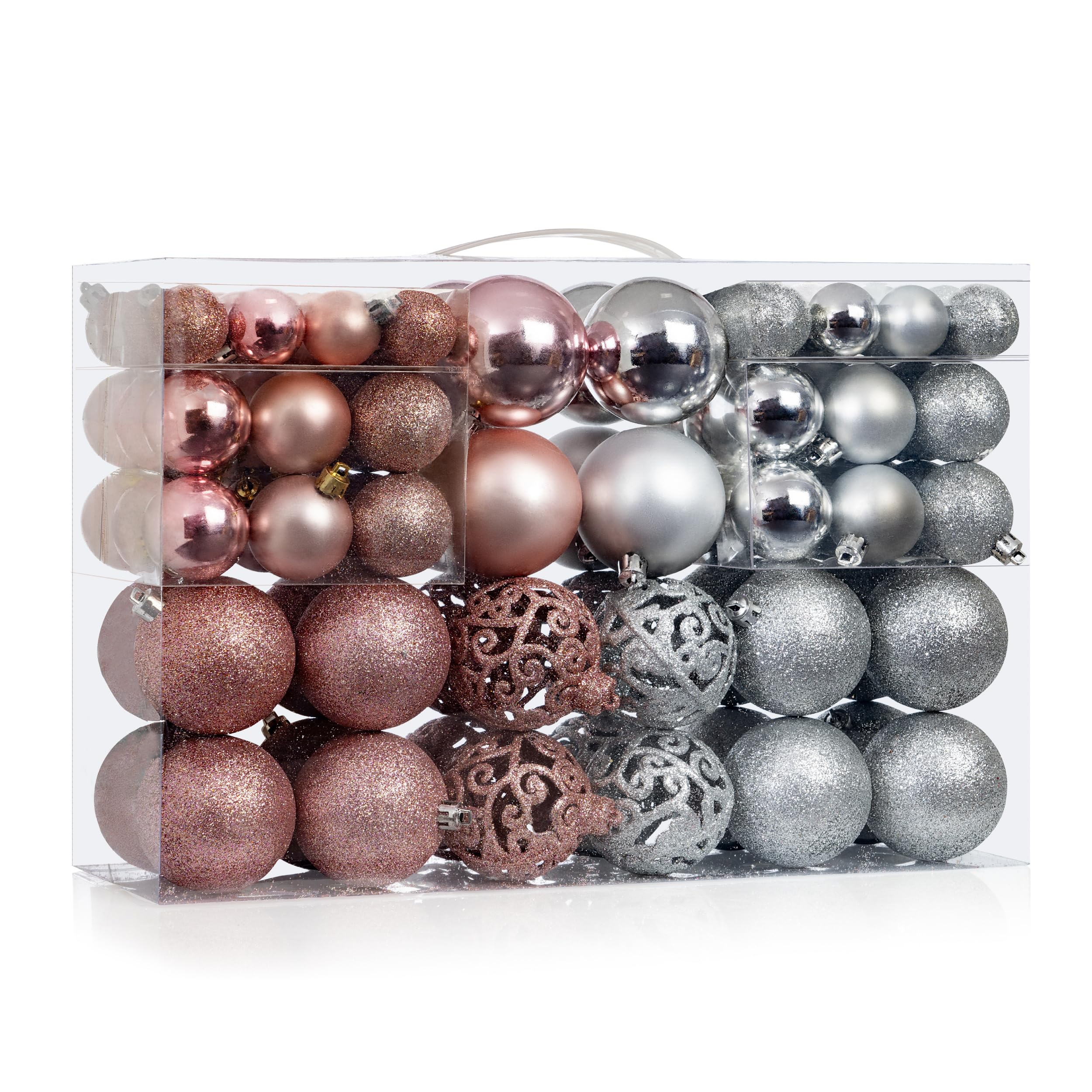 Set Di 100 Palline Di Natale Infrangibili, Oro Rosa E Bianco, Misure Assortite (3-6 Cm), Con Anelli, Per Decorazioni Albero E Casa - 4