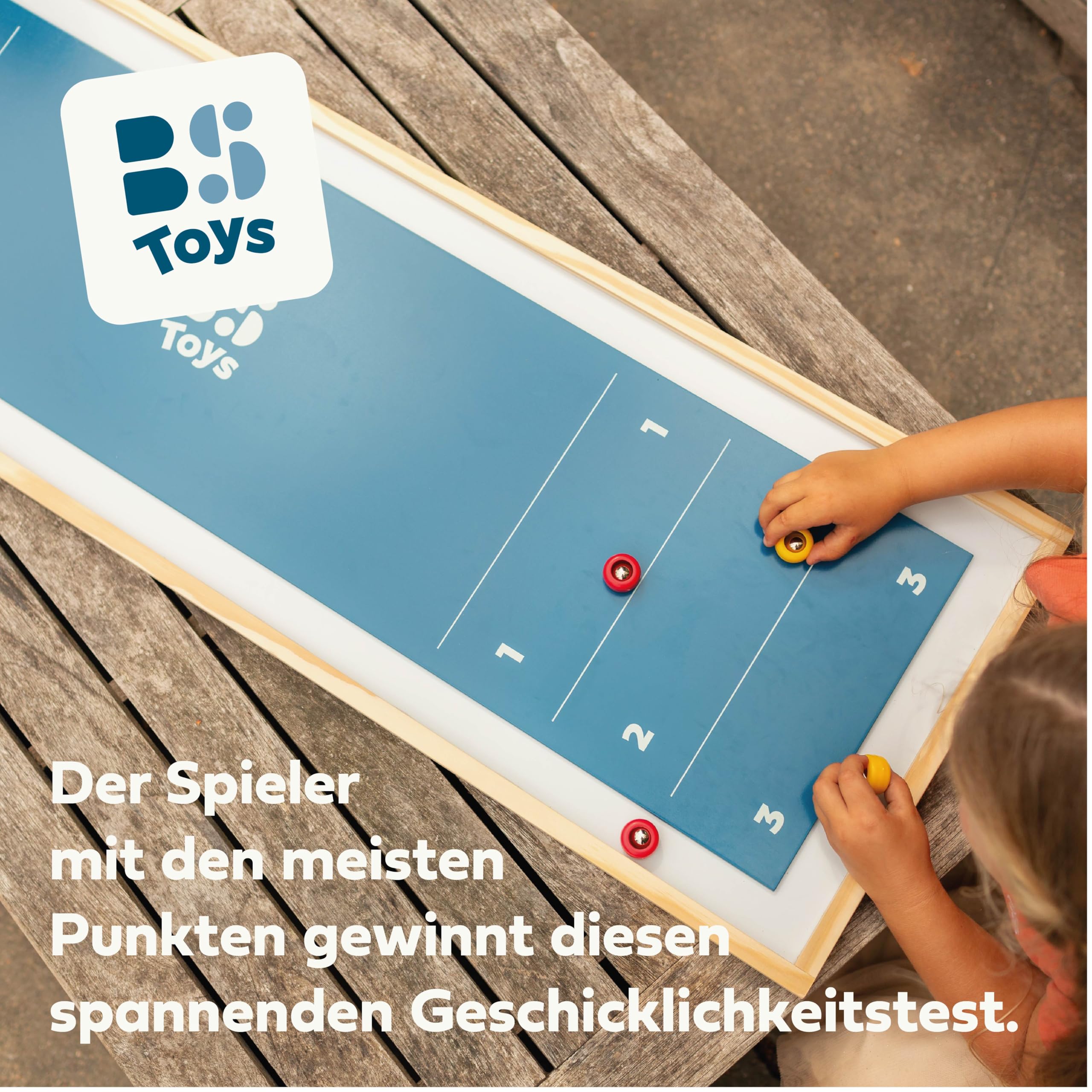 BS Toys Shuffleboard - Schiebebrettspiel aus FSC-Holz - Lustiges Indoor Curling Set für Kinder & Familie - Tisch-Curling Spiel - Geschicklichkeitsspiel ab 6 Jahren