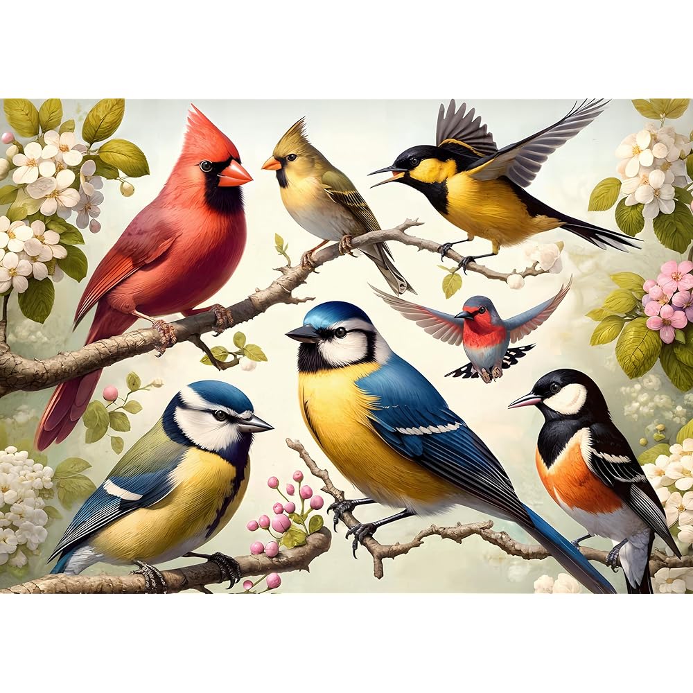 Rocorose 1000 Piece Puzzle for Adults, Colorful Birds and Flowers Puzzle with Exquisite Poster, Challenging Spring Garden Animal Songbirds Cardinals Puzzles Game