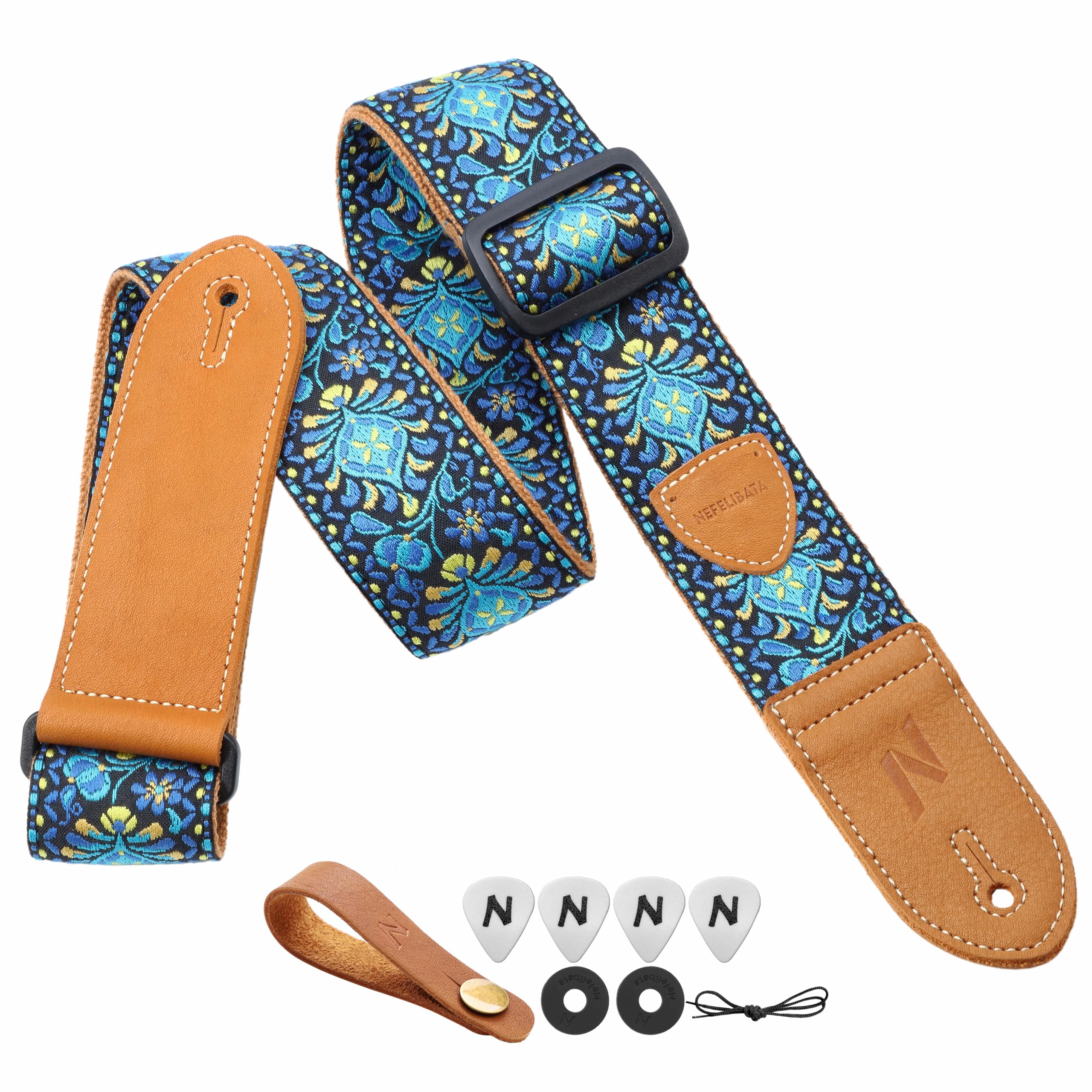 Nefelibata Sangle de guitare, double extrémités en cuir, tissé vintage avec 4 médiators + verrous de sangle + bouton de sangle