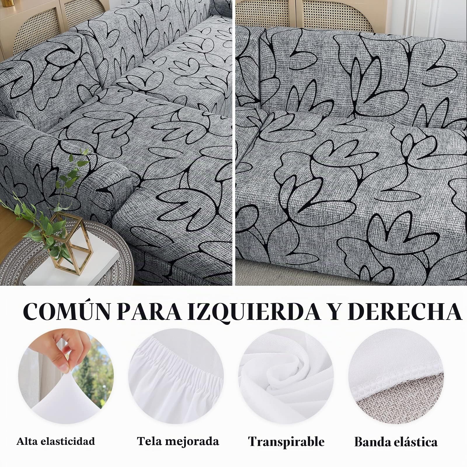 Jaotto Fundas para Sofás Chaise Longue Elásticas,Cubre Fundas de Sofá Cheslong Brazo Largo Derecho Ajustables de Forma L Extraíbles Lavables,Fundas Protectora para Sofa(3 Plazas+3 Plazas,Estilo Gris)