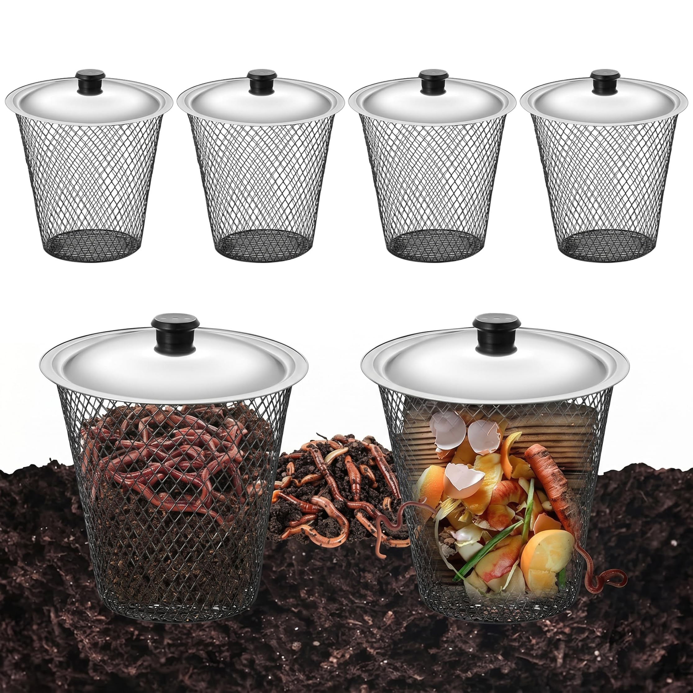 Kit de composteur de vers en Maille métallique avec Couvercle dans Le Sol, idéal pour Le compostage Jardin extérieur, 4 pièces