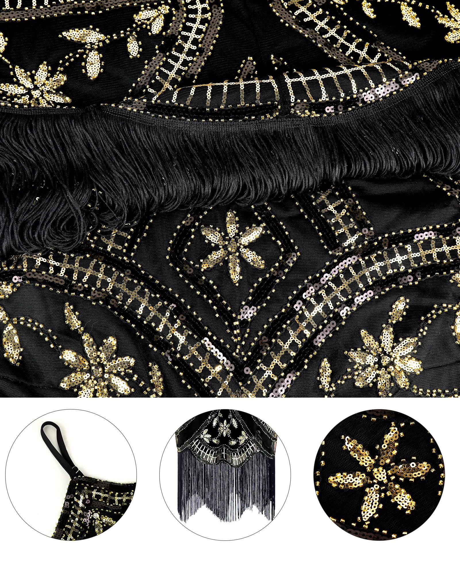 Robe garçonne années 1920 pour femme avec ensemble d'accessoires des années 20 – Tenues des années 1920 pour femmes, noir et doré, taille M