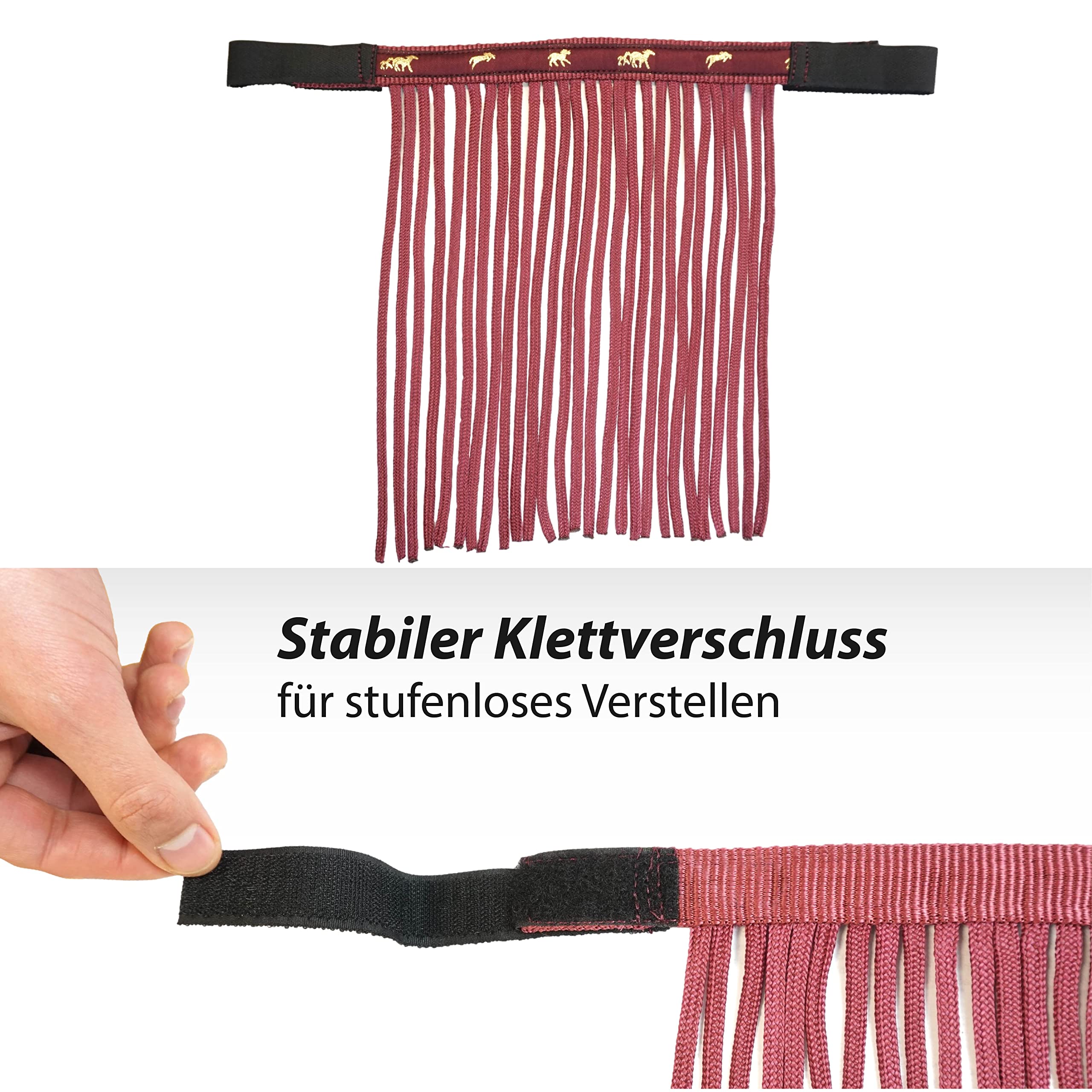 Cabestro para caballos con cuerda y flecos de mosca, Protectores, Cabestro con punto – Cabestro Pony Shetty Cabestro Cob Full Kb (sangre fría (X-Full), color burdeos negro