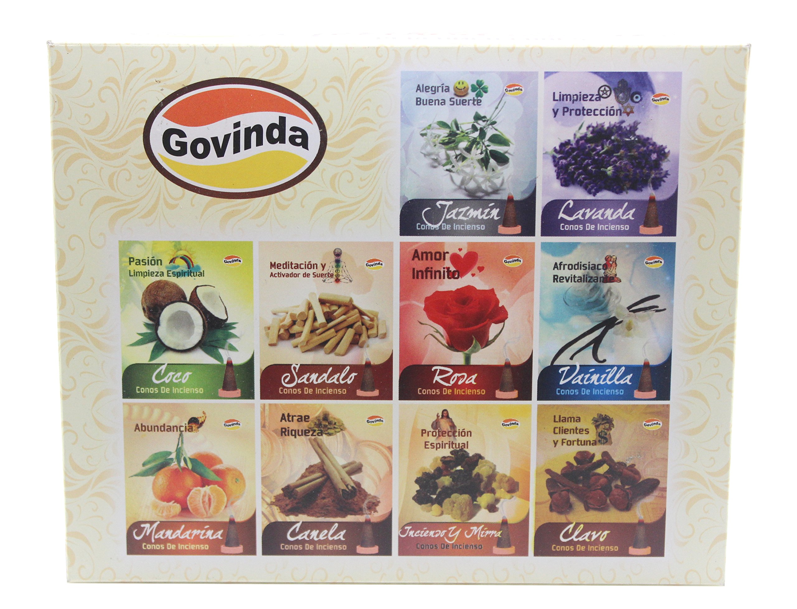 Govinda Incense Cones - Assorted - 12 Packs of 10 Conse Each - with Six Different Scents
