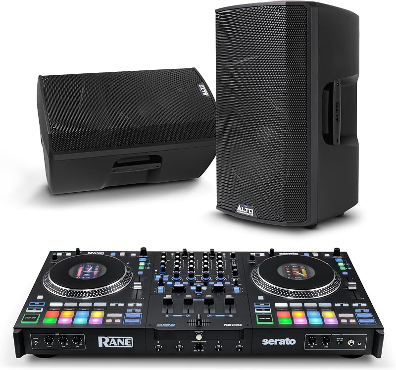 Controlador de DJ Rane PERFORMER y par de parlantes PA autoamplificados ALTO TX412B para música en vivo, sesiones de DJ, eventos y producción musical