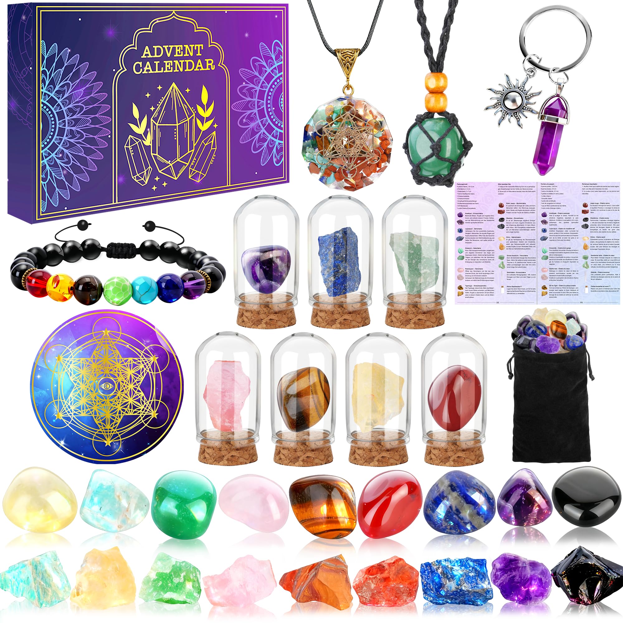 Adventskalender für Frauen - 2026 Edelstein Adventskalender Erwachsene Steine Kristalle mit Wunschflasche, Weihnachtskalender Heilsteine Set für Damen,Mädchen, Advent Calendar Chakra Steine Geschenke